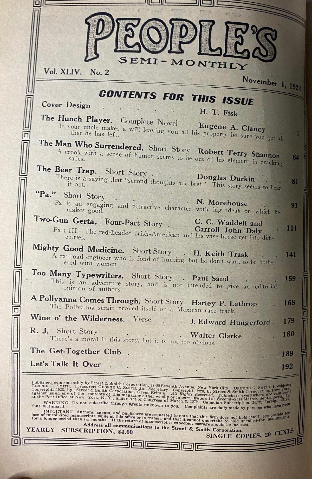 Inside page from People’s Story Magazine, November 1, 1923, featuring the table of contents for the issue, highlighting stories like 'The Hunch Player' by Eugene A. Clancy. This vintage pulp magazine offers a glimpse into early 20th-century storytelling.