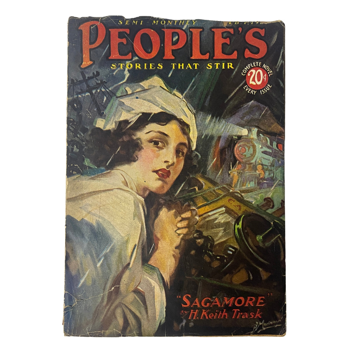 Cover of People's Story Magazine, February 1, 1923 edition featuring the story 'Sagamore' by H. Keith Trask, illustrating a woman at the controls of a train or vehicle.