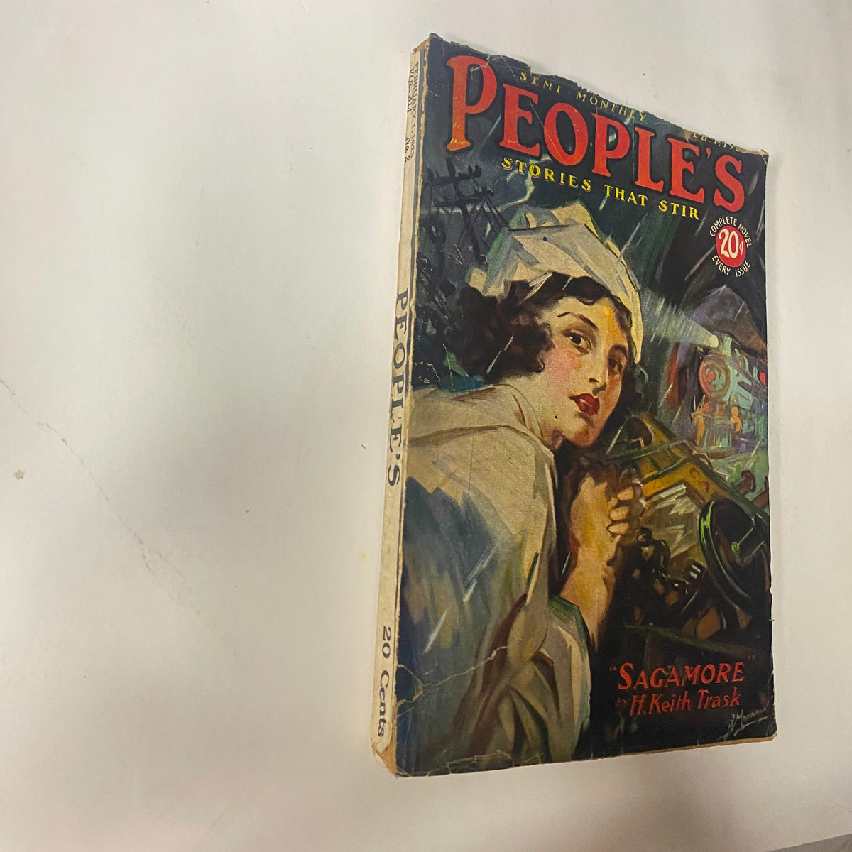 Another view of the cover of People's Story Magazine, February 1, 1923 edition, showcasing the artwork and the title 'Sagamore' by H. Keith Trask.