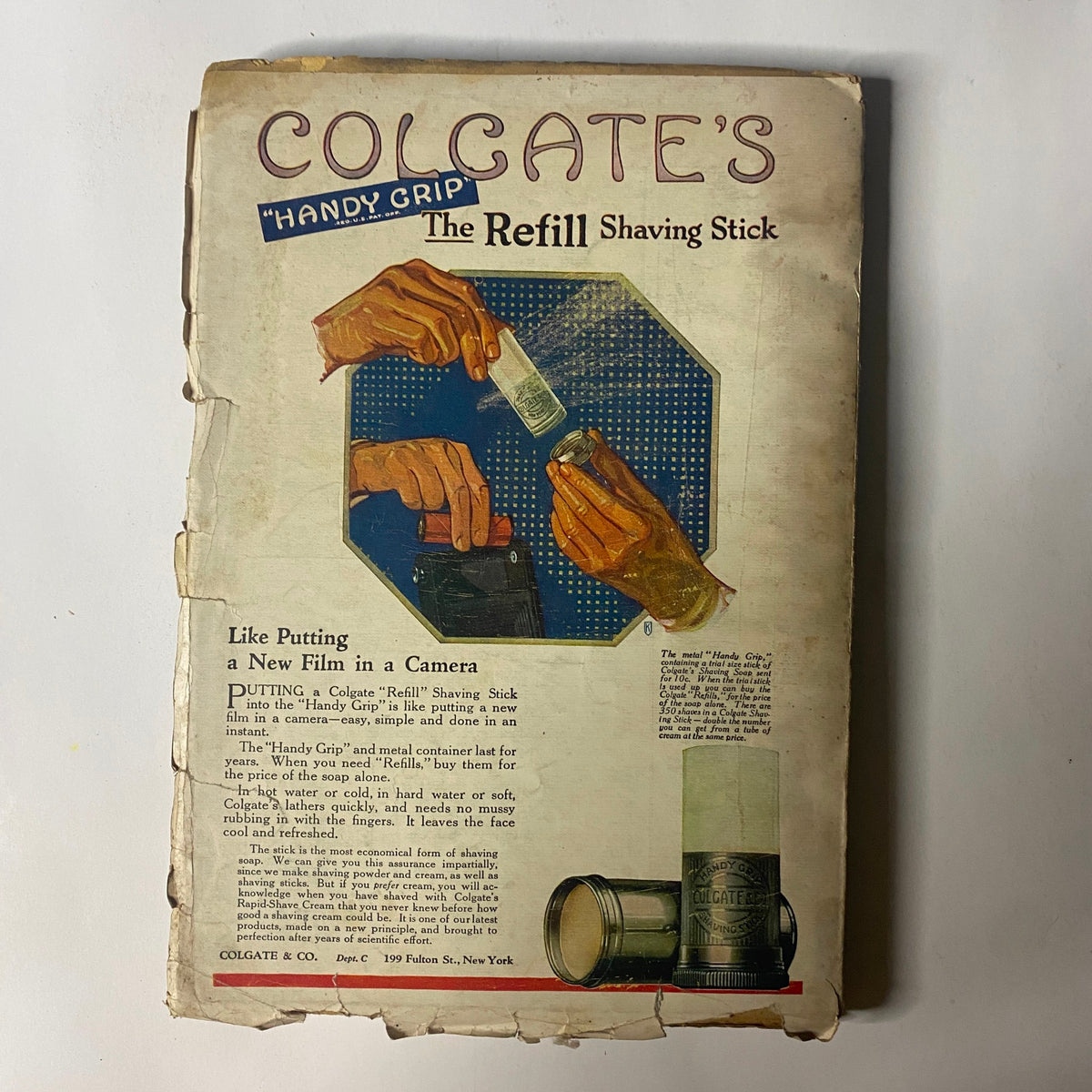 Back cover of the February 1, 1923 issue of People's Story Magazine, advertising Colgate's 'Handy Grip' Refill Shaving Stick.