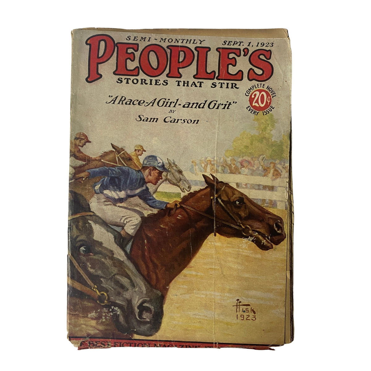 Cover of People’s Story Magazine dated September 1, 1923, featuring the title 'A Race - a Girl - and Grit' by Sam Carson, depicting a horse race with jockeys.