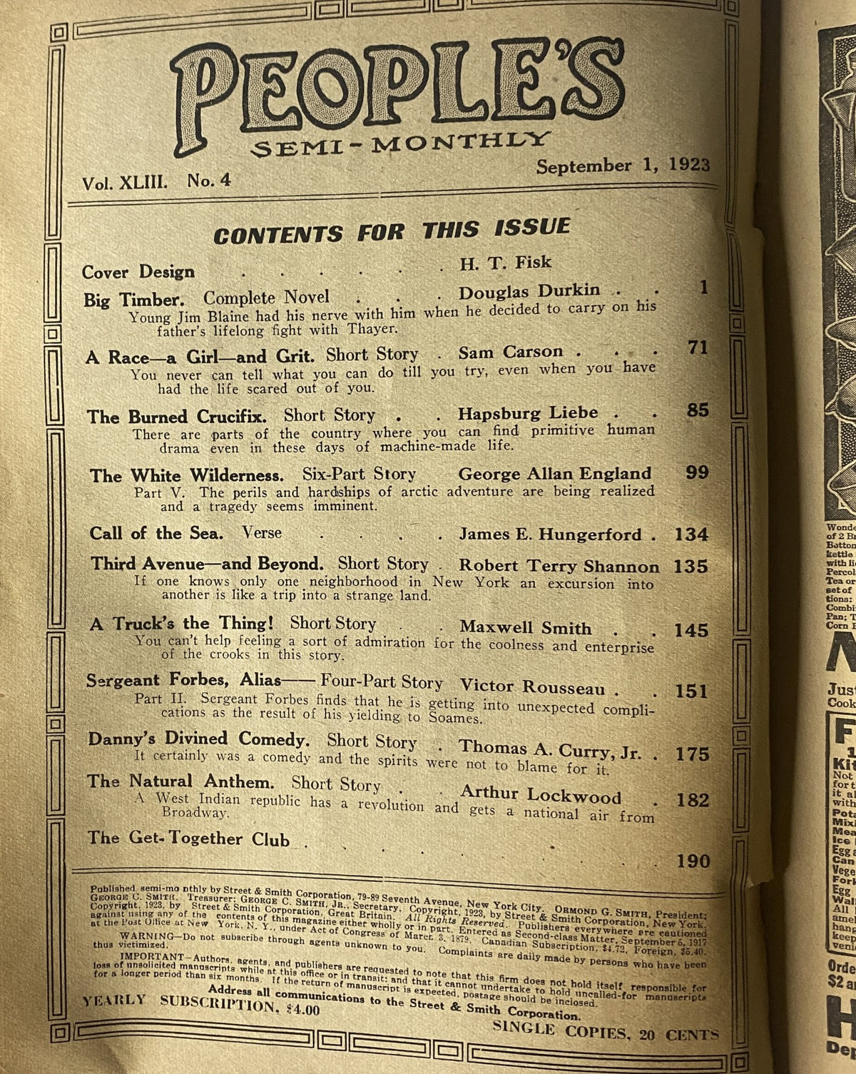 Table of contents for People’s Story Magazine, September 1, 1923, listing stories including 'A Race - a Girl - and Grit' by Sam Carson and other featured works.