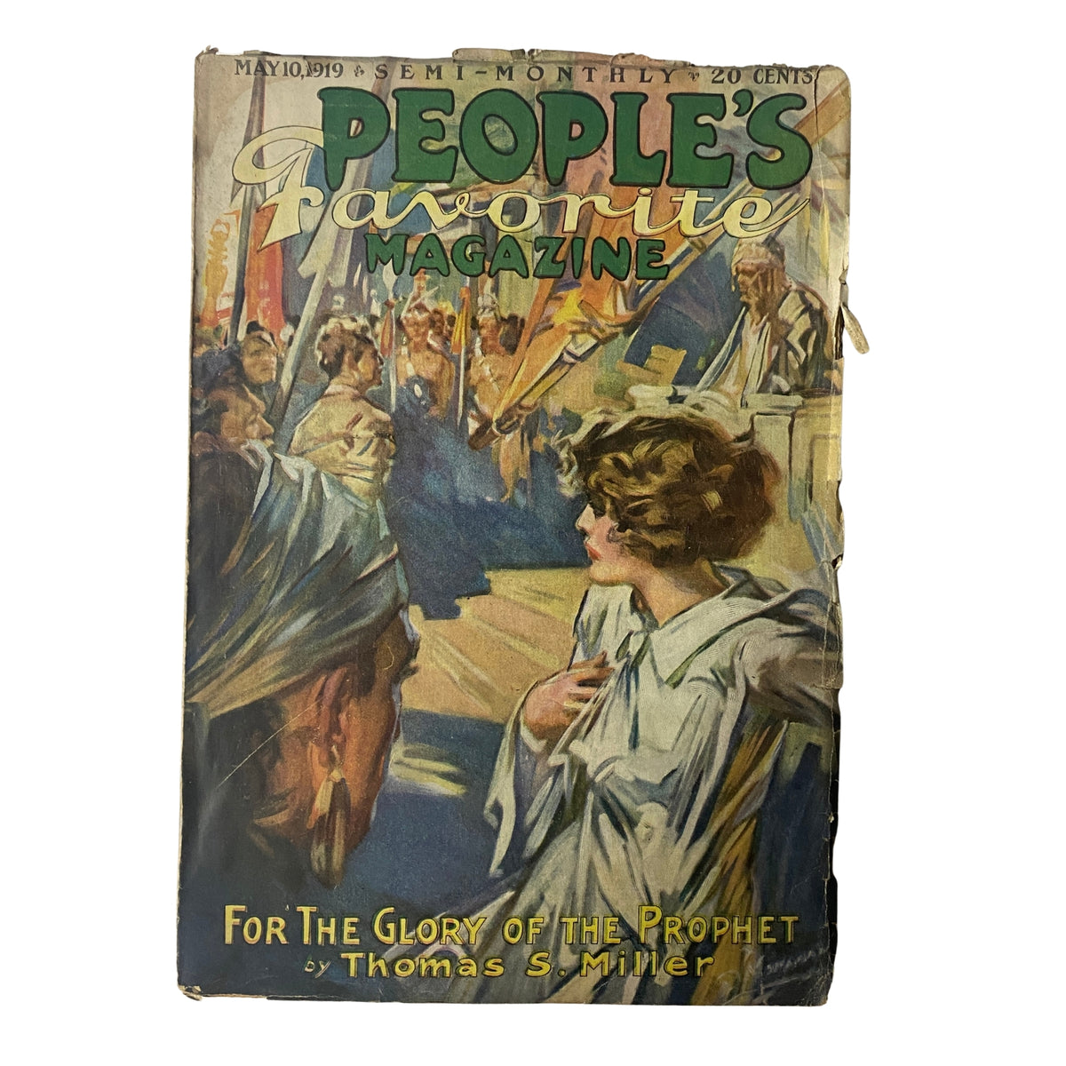 Cover of People's Favorite Magazine dated May 10, 1919, featuring the title 'For The Glory of the Prophet' by Thomas S. Miller, with an artistic illustration depicting a scene from the story.