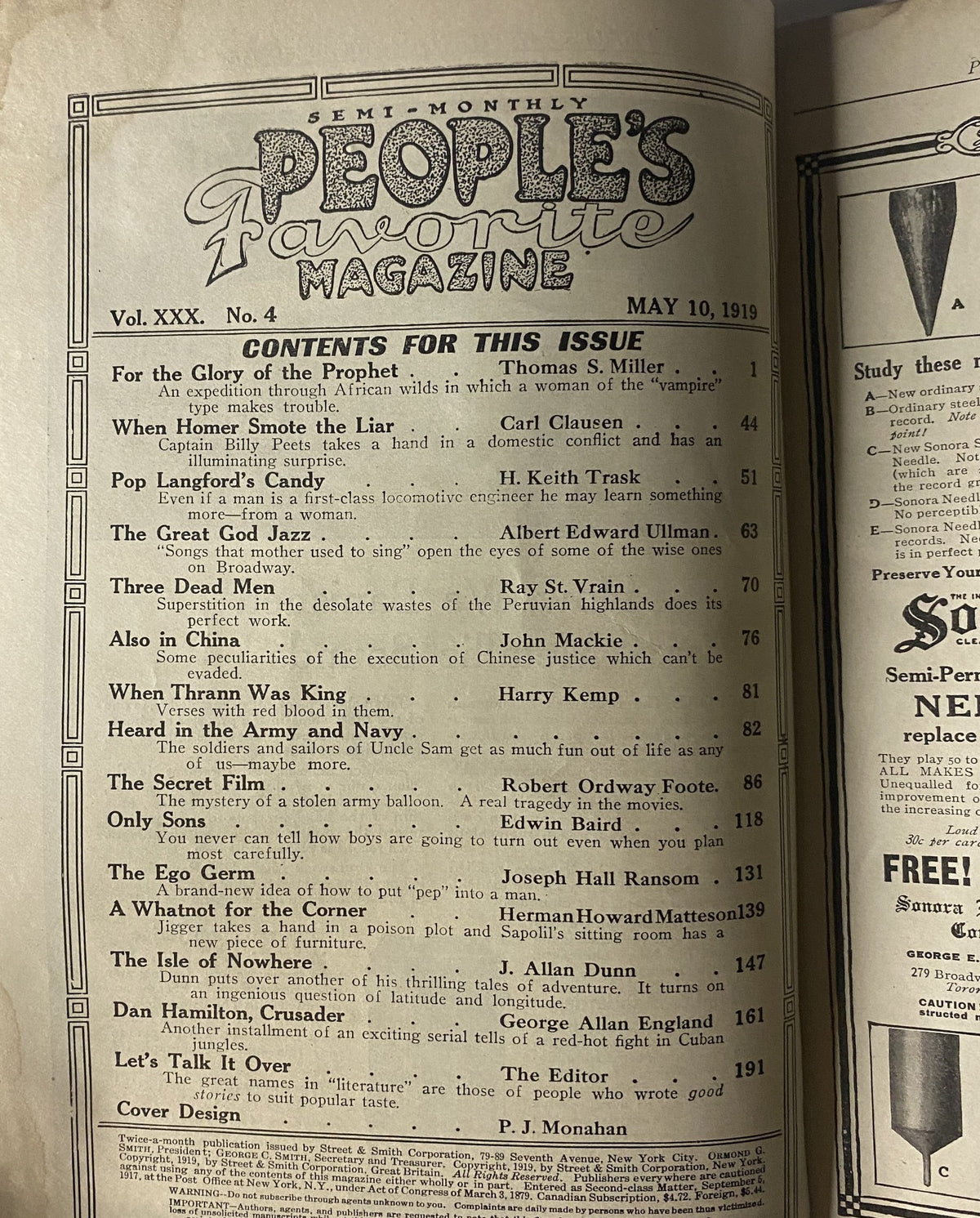 Table of contents from People's Favorite Magazine, May 10, 1919, featuring the title story 'For the Glory of the Prophet' by Thomas S. Miller and other articles such as 'When Homer Smote the Liar' and 'Pop Langford’s Candy'. This semi-monthly publication reflects early 20th-century storytelling.