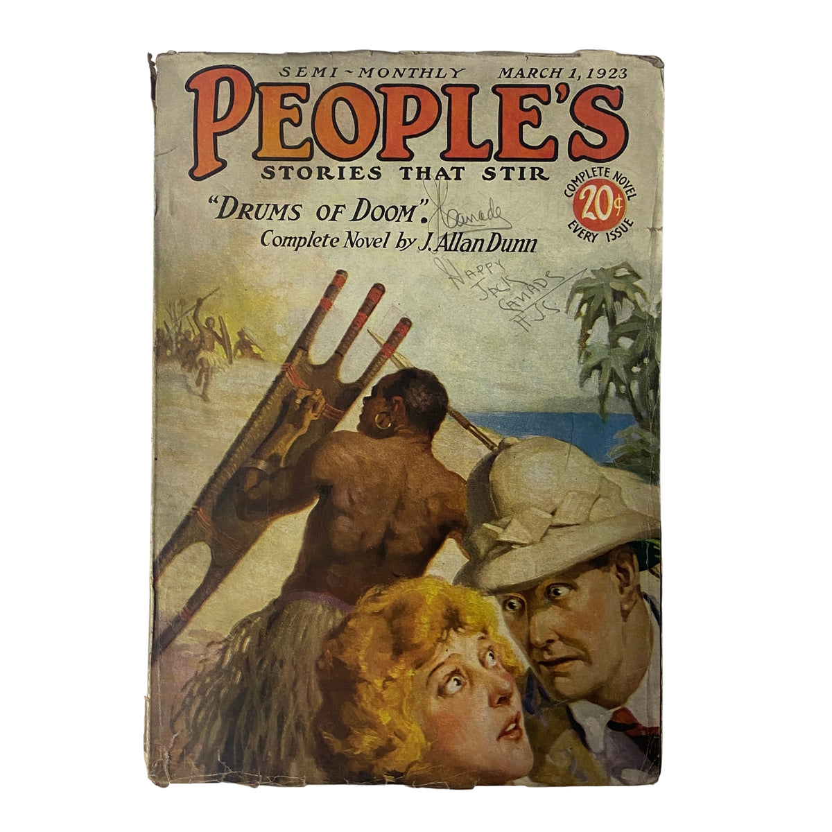 Cover of People's Stories Magazine March 1, 1923 featuring the title "Drums of Doom" by J. Allan Dunn, showcasing dramatic artwork with a figure holding a spear and expressions of surprise and intrigue.