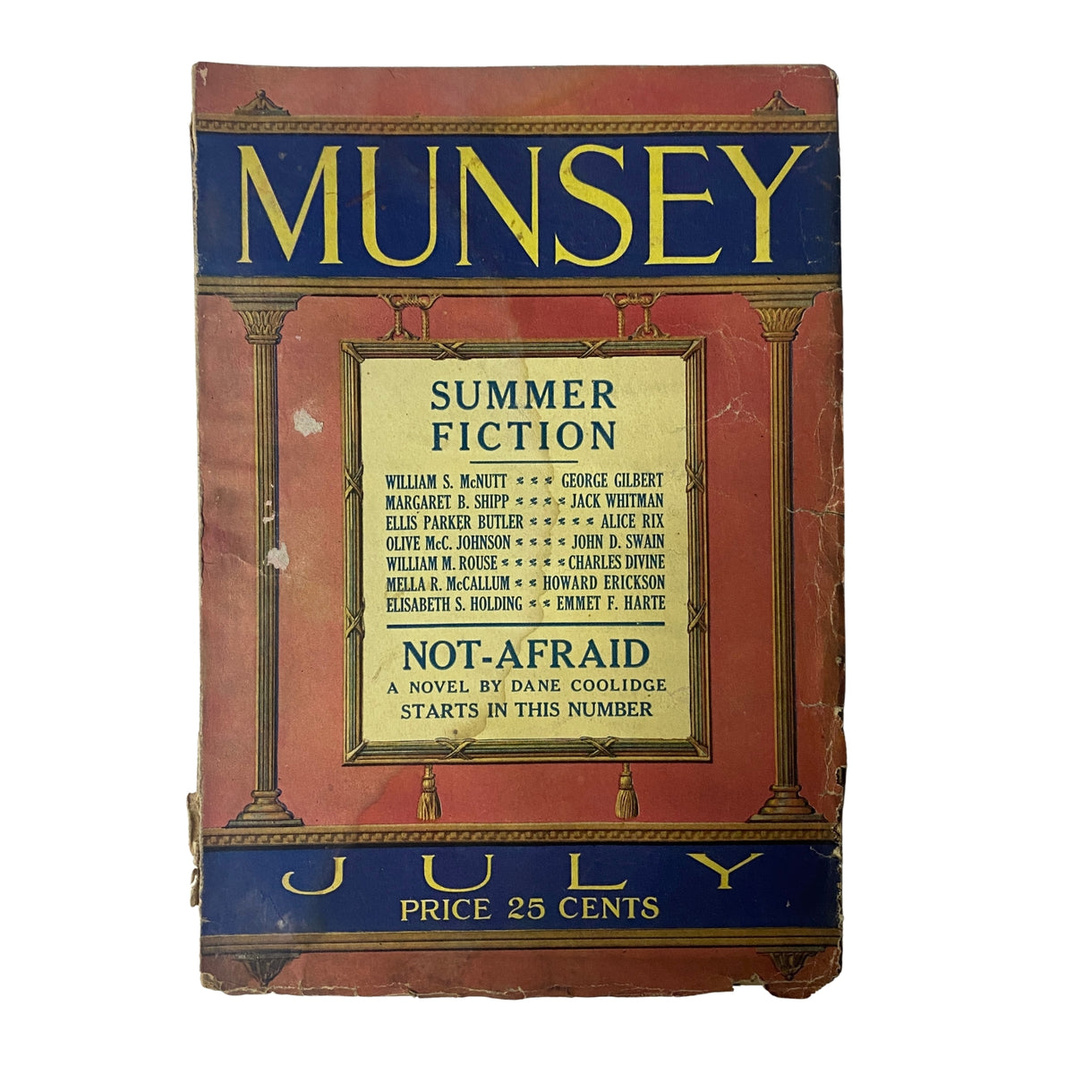 Cover of Munsey's Magazine July 1923 featuring the title 'Not-Afraid' by Dane Coolidge. The magazine has a red and blue color scheme with summer fiction highlighted.