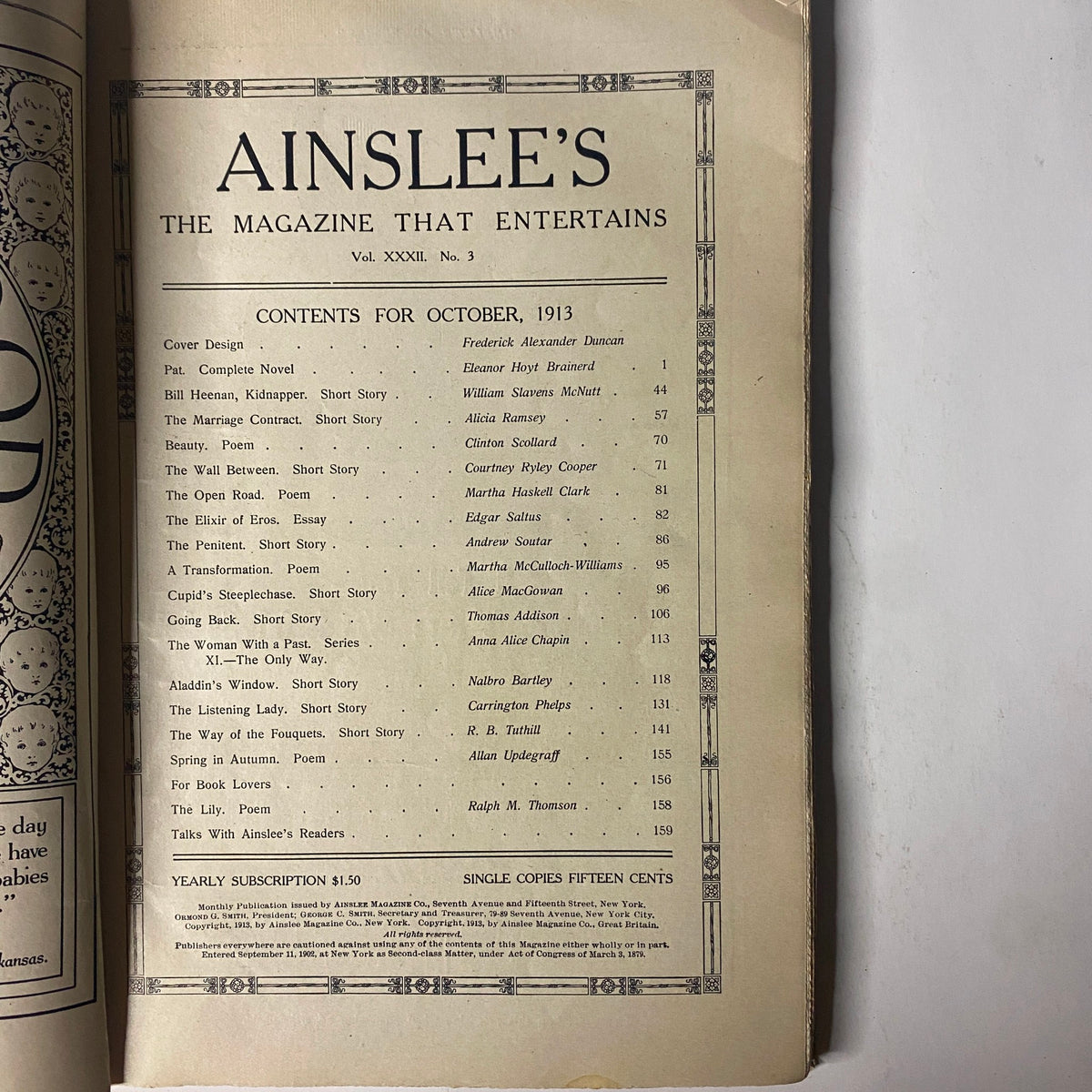Table of contents page from Ainslee's Magazine, October 1913, detailing featured stories and contributors including Alicia Ramsey.