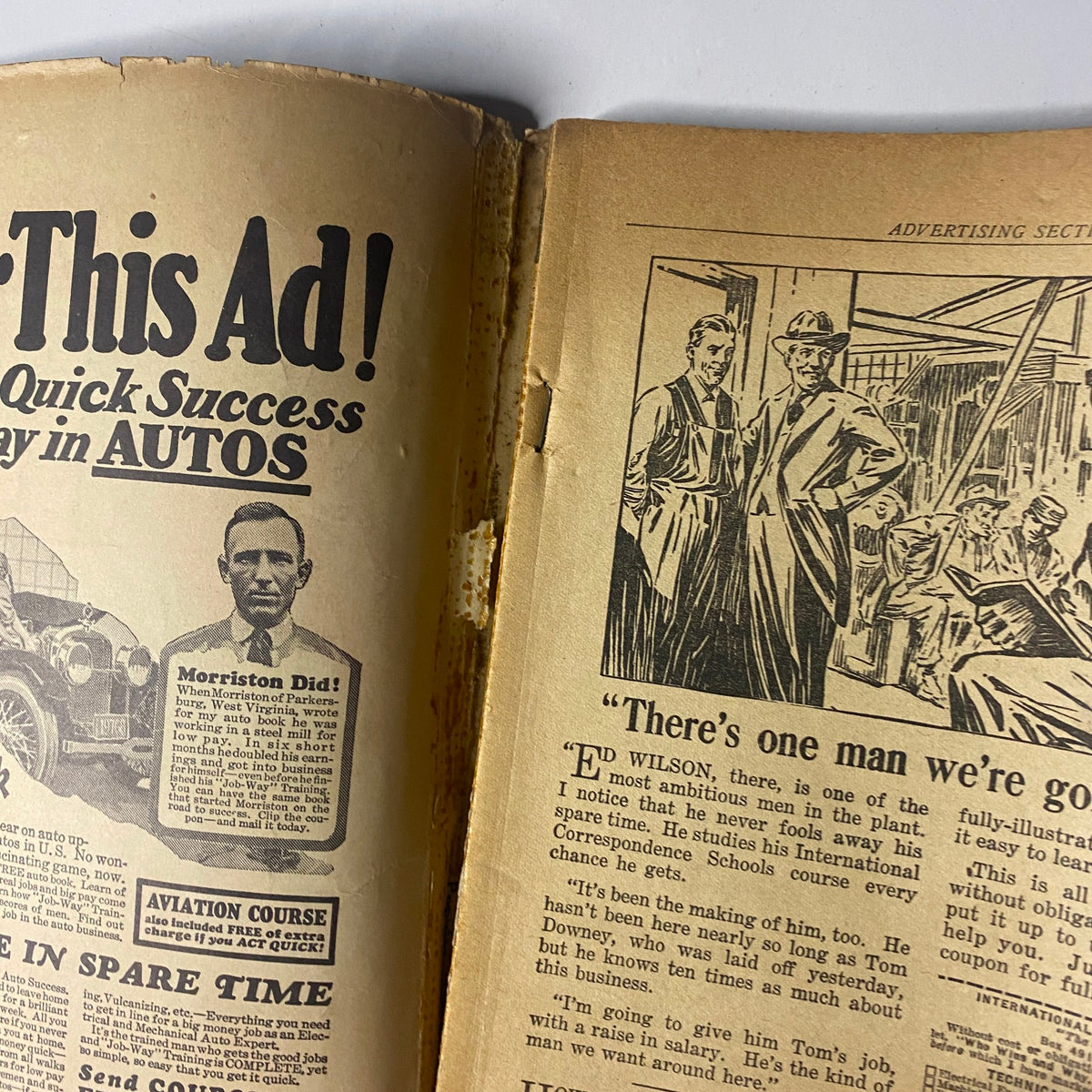 Interior page of The Popular Magazine August 2, 1930 displaying an advertisement section with a vintage car ad and illustrations.