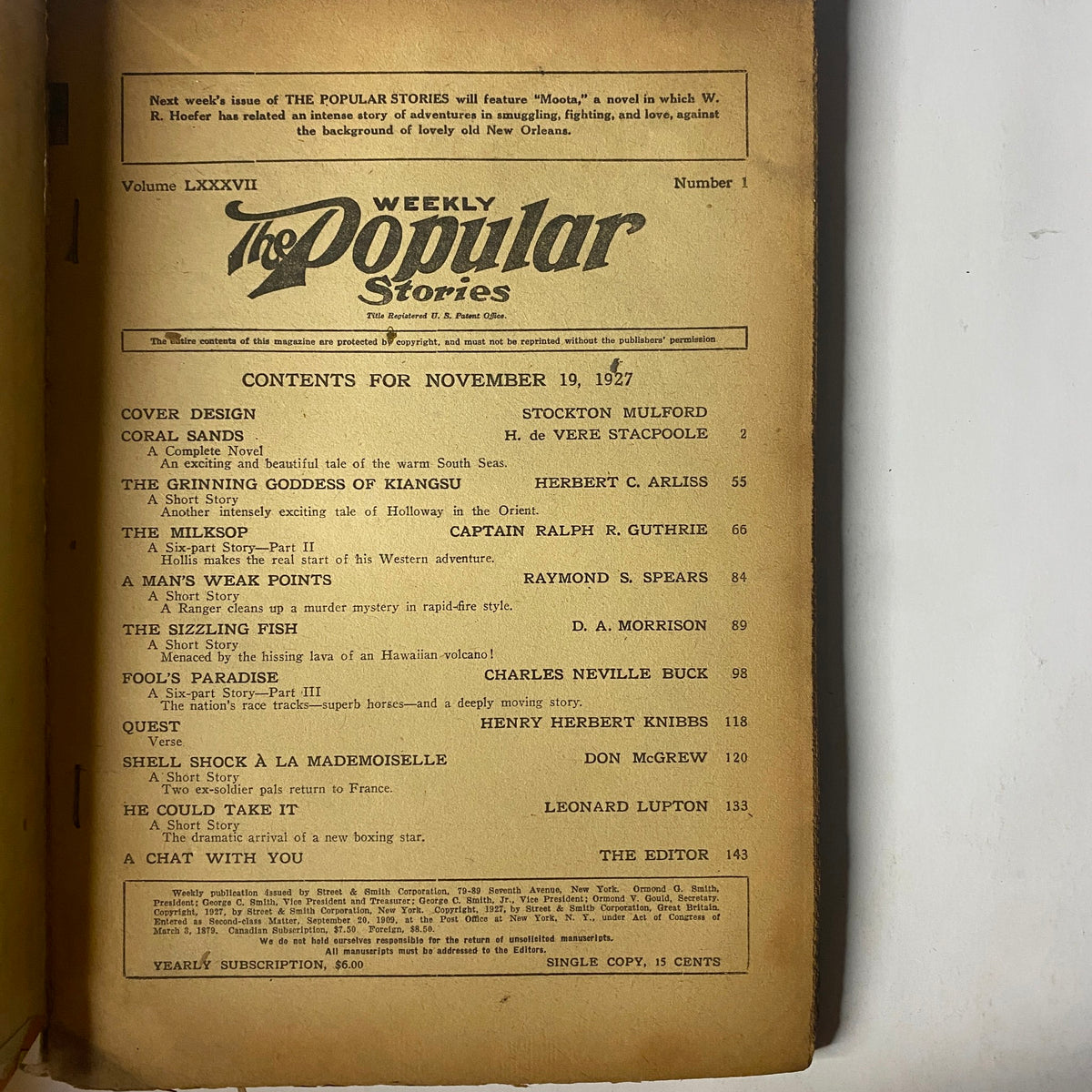 Interior page of The Popular Stories magazine from November 19, 1927, displaying the table of contents including Coral Sands and other notable stories.