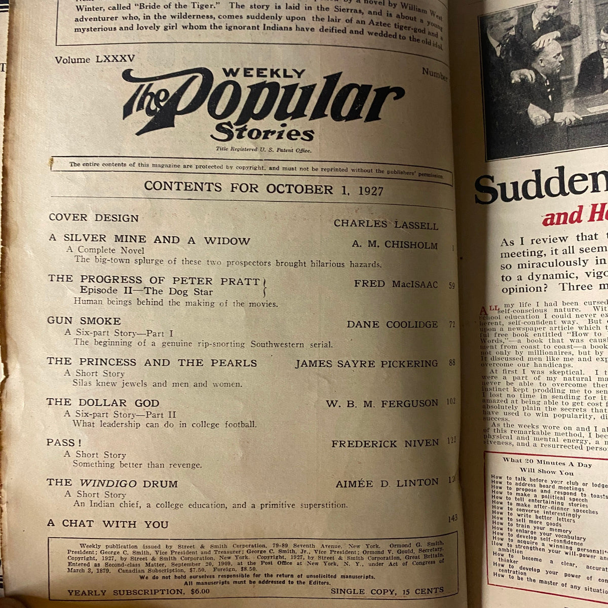 The Popular Magazine October 1, 1927 Gun Smoke - Table of contents page featuring stories such as 'Gun Smoke' by Dane Coolidge and 'A Silver Mine and a Widow' by A. M. Chisholm, showcasing a vintage pulp magazine layout.