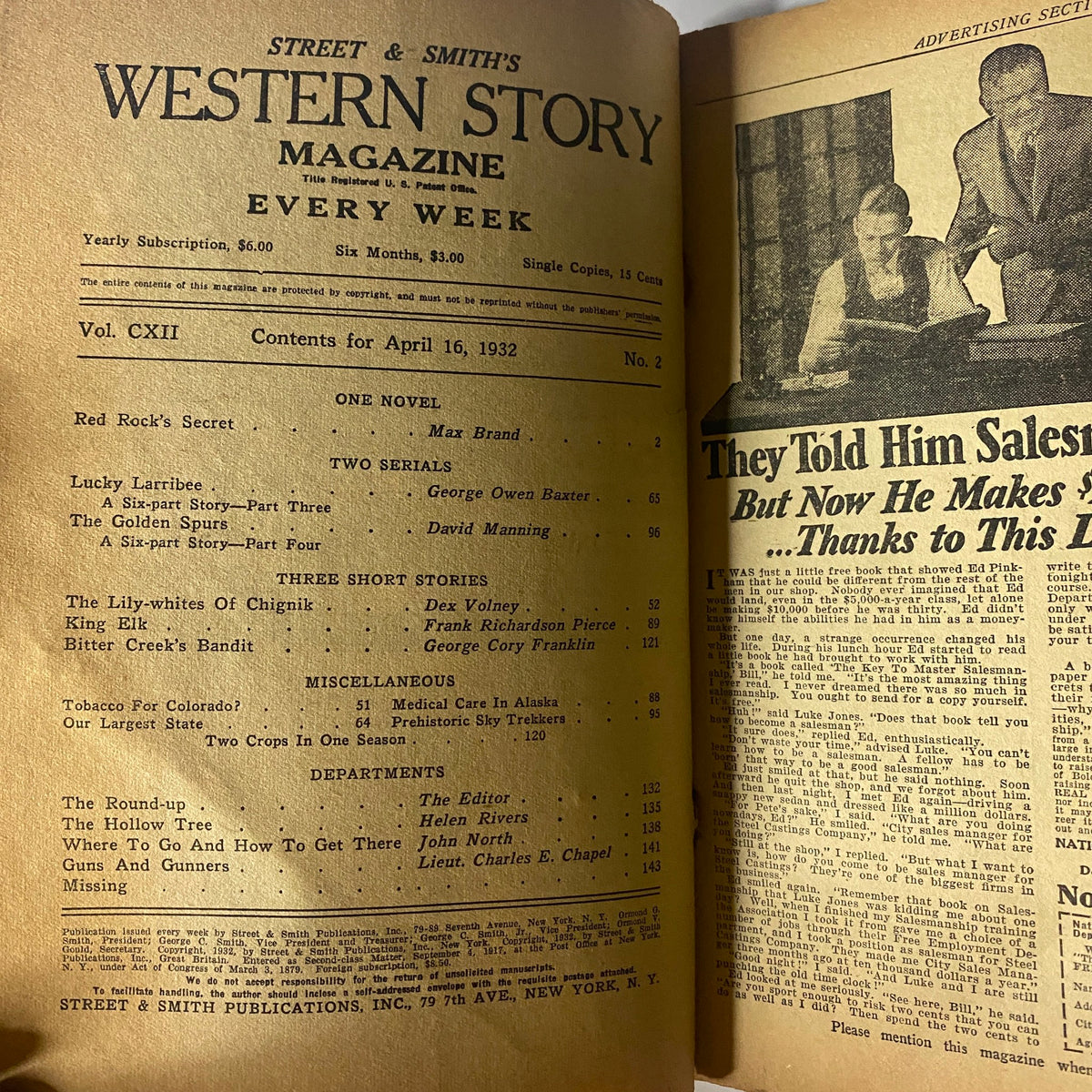 Interior page of Western Story Magazine, April 16, 1932, showing the table of contents with stories like 'Lucky Larribee' and 'Bitter Creek's Bandit'.