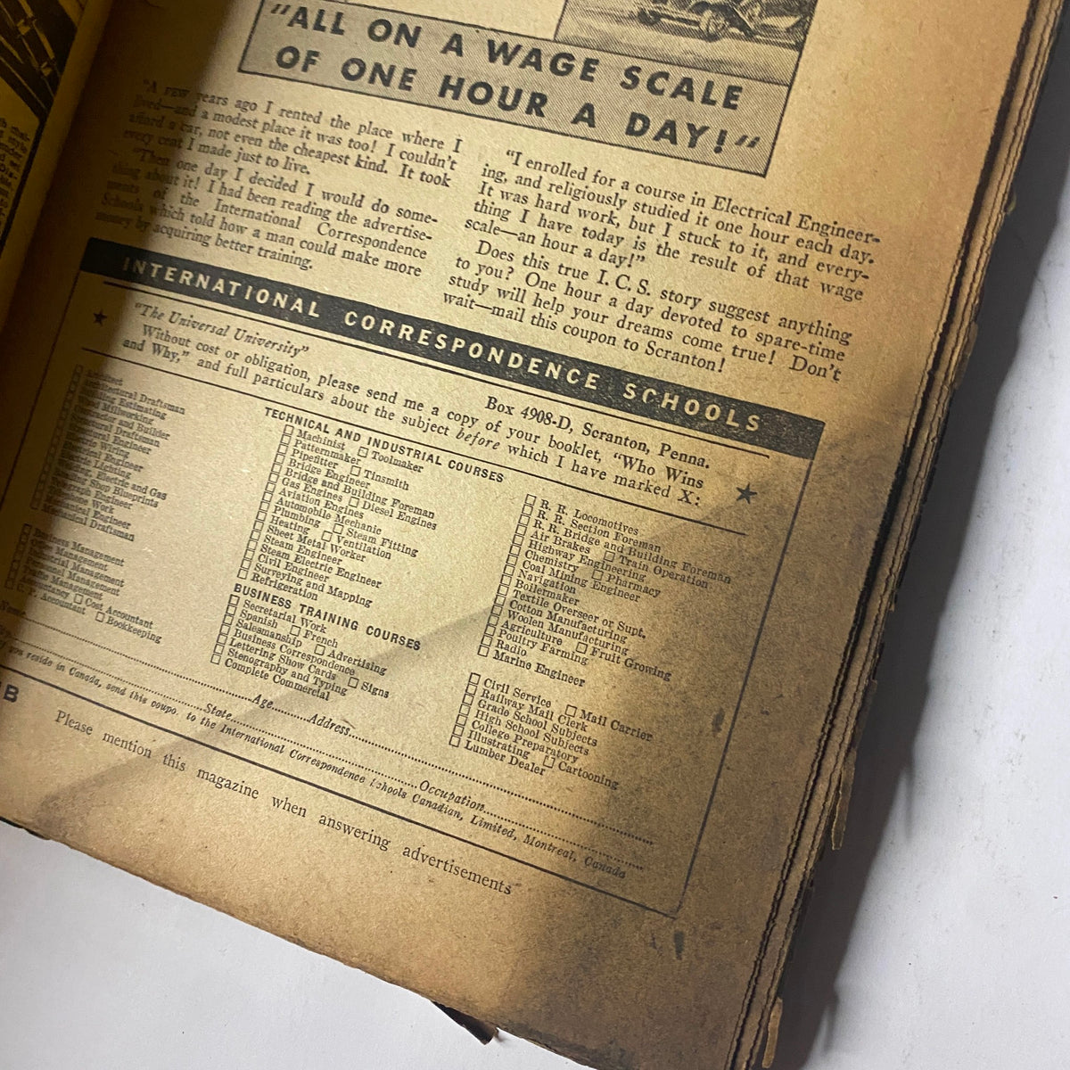 Another interior page from Western Story Magazine, April 16, 1932, featuring advertisements and information about courses from International Correspondence Schools.