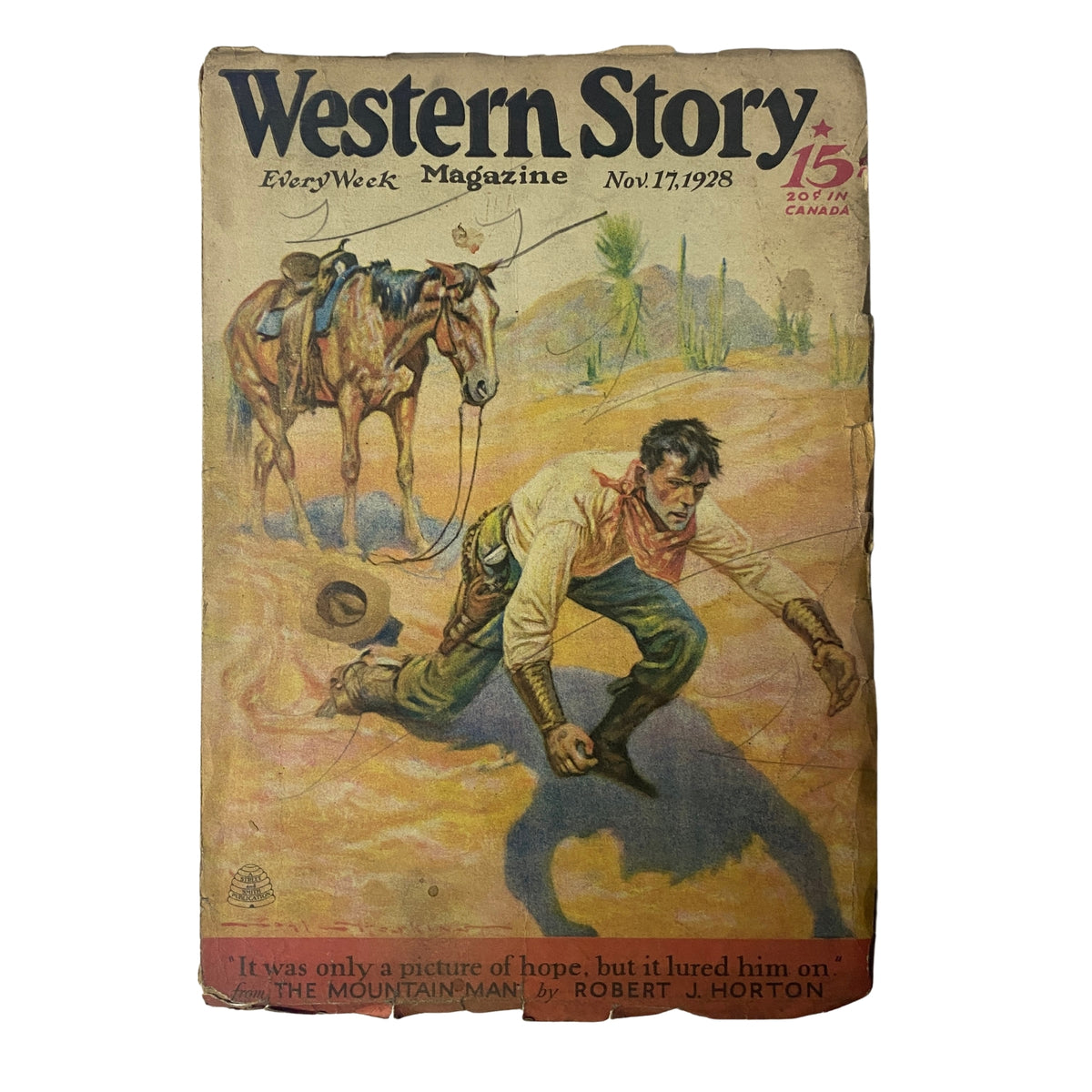 Cover of Western Story Magazine, November 17, 1928, featuring an illustration of a rugged cowboy on the ground and a horse in the background, promoting the full-length novel 'The Mountain Man' by Robert J. Horton.