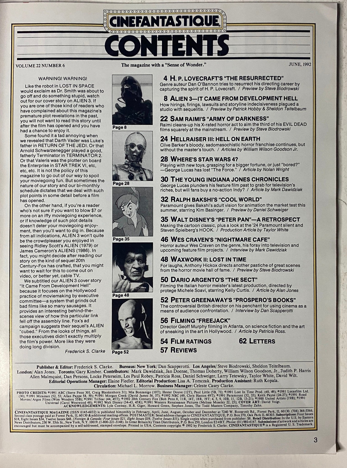 Contents page of Cinefantastique Magazine, June 1992, detailing articles including Alien 3: It Came From Development Hell, Cool World, Hellraiser III, and more, providing insights into genre cinema.
