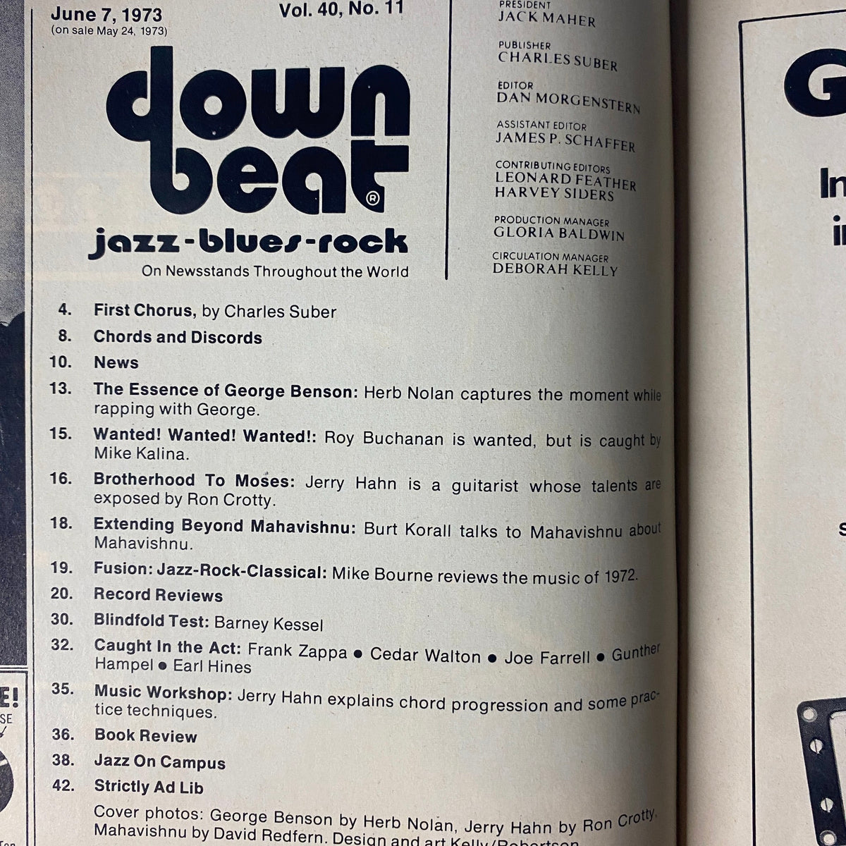 Interior page from Down Beat Magazine, June 7, 1973, listing articles including 'The Essence of George Benson' and 'Extending Beyond Mahavishnu', highlighting content related to jazz and fusion music.