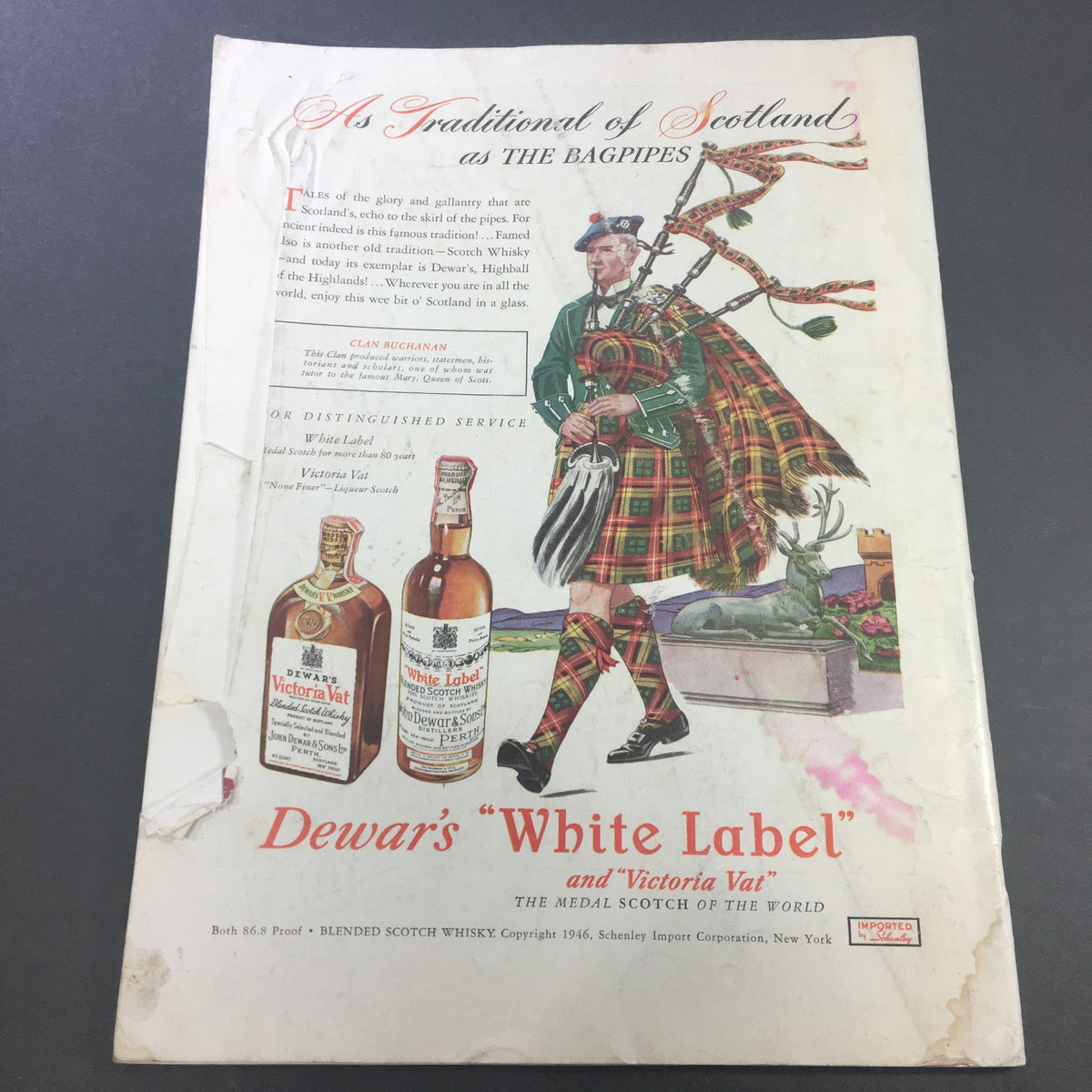 Vintage advertisement from VTG Gourmet Magazine August 1946 featuring Dewar's White Label and Victoria Vat Scotch Whisky with a bagpiper illustration.