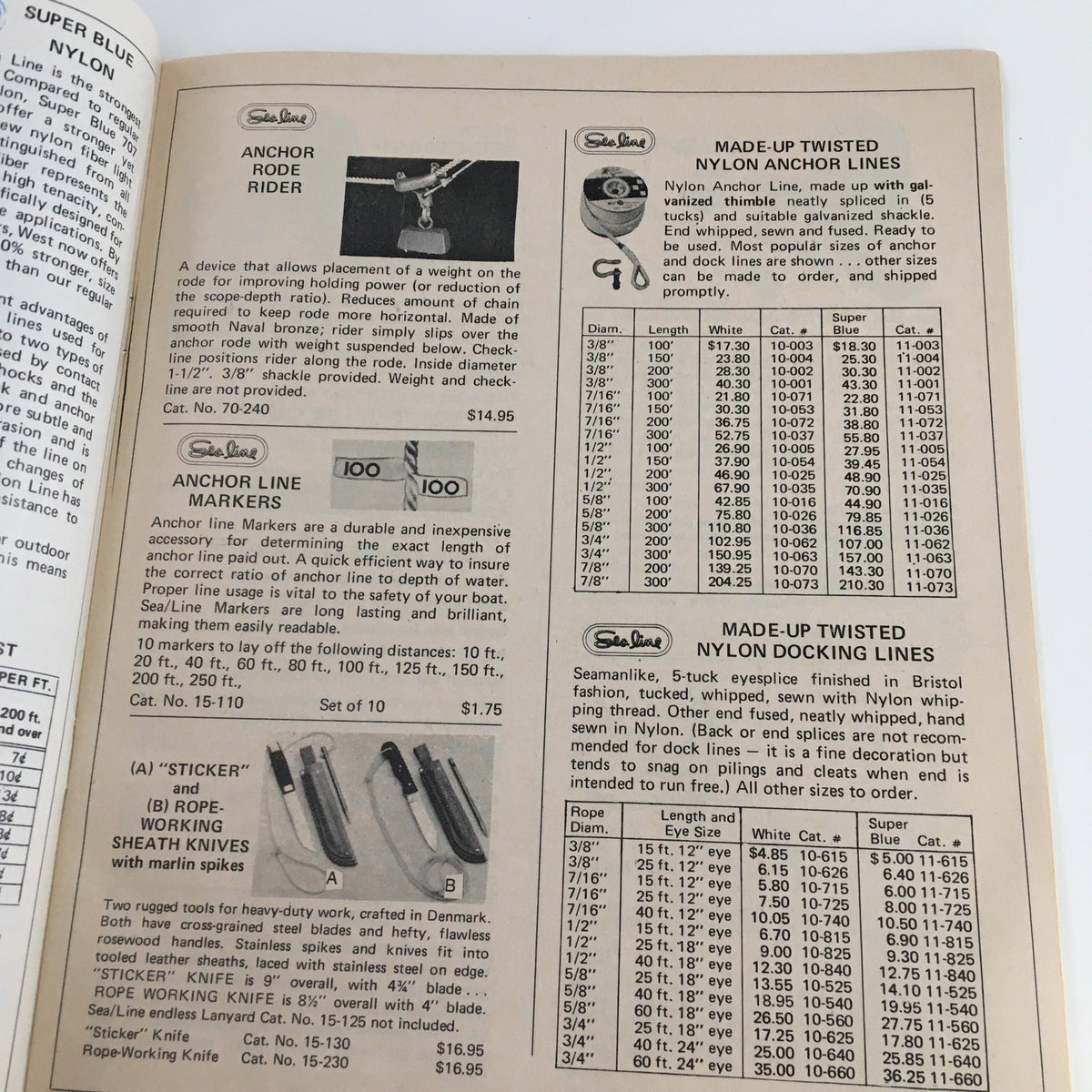 Interior page of the 1975 Fall West Products Sailing Price Guide Catalog listing anchor products, including lines and markers, with detailed pricing information.