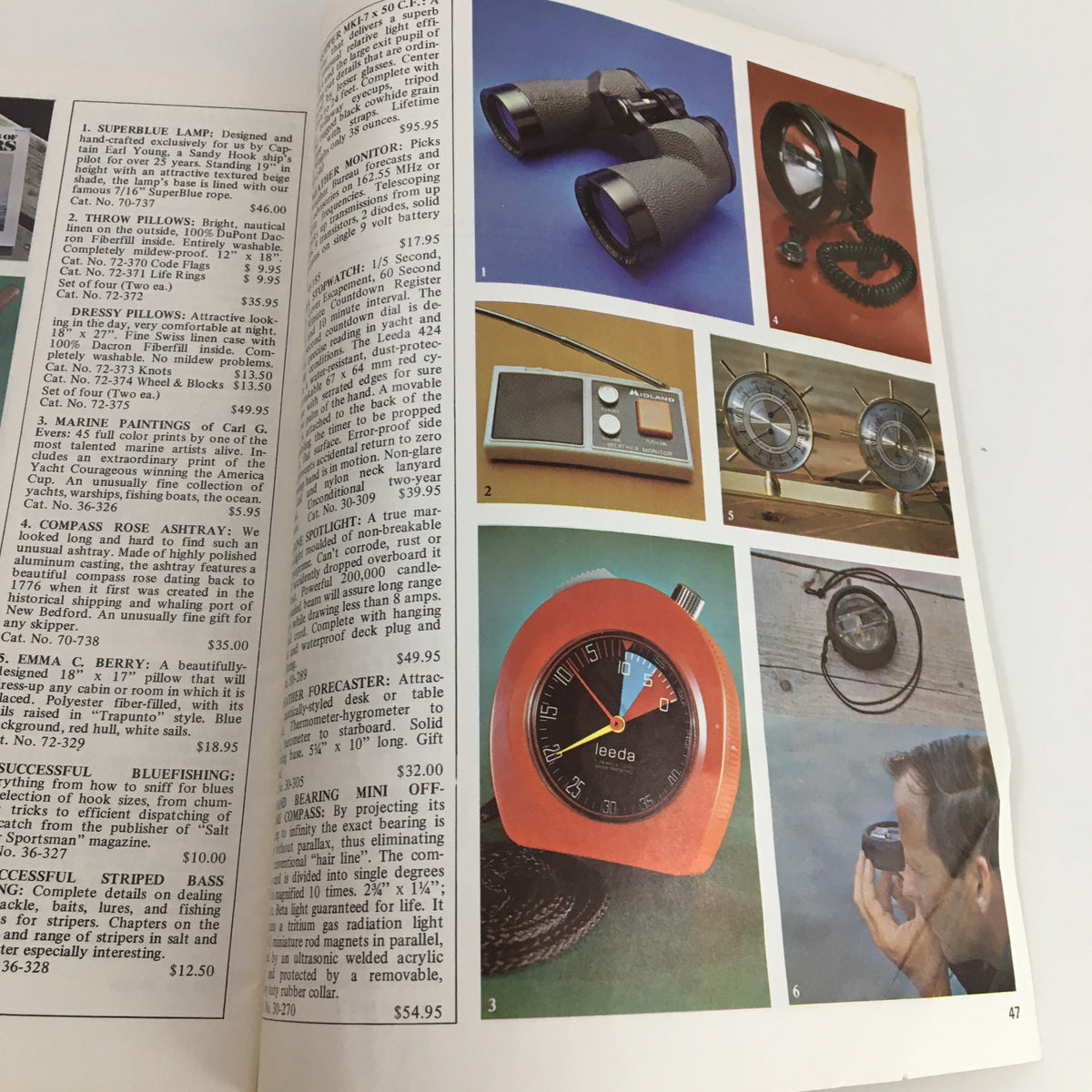 Page from the 1975 Fall West Products Sailing Price Guide Catalog featuring various sailing accessories like binoculars, clocks, and marine items with their prices.