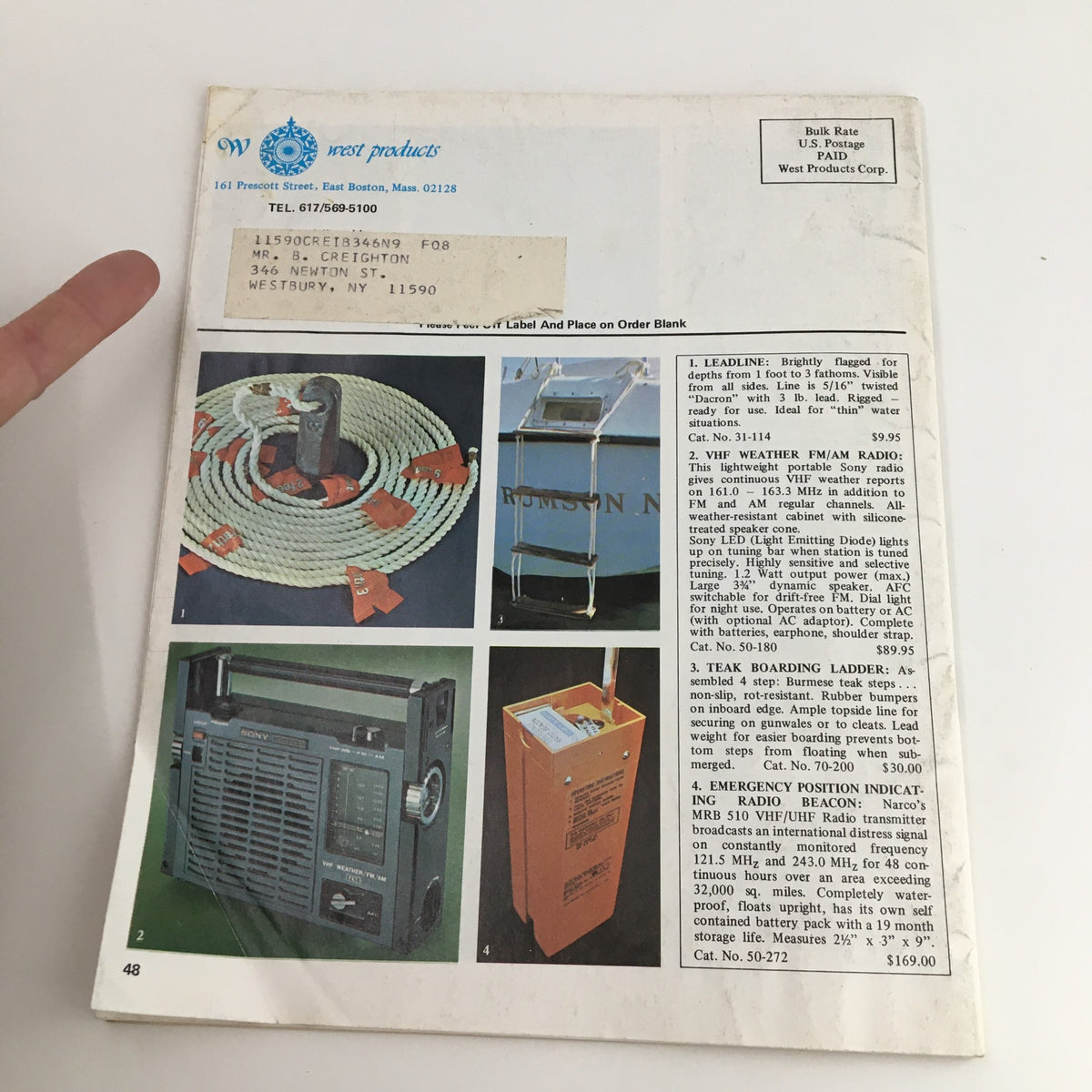 Back cover of the 1975 Fall West Products Sailing Price Guide Catalog featuring vintage sailing accessories and personal address label, showcasing maritime memorabilia from the 1970s.