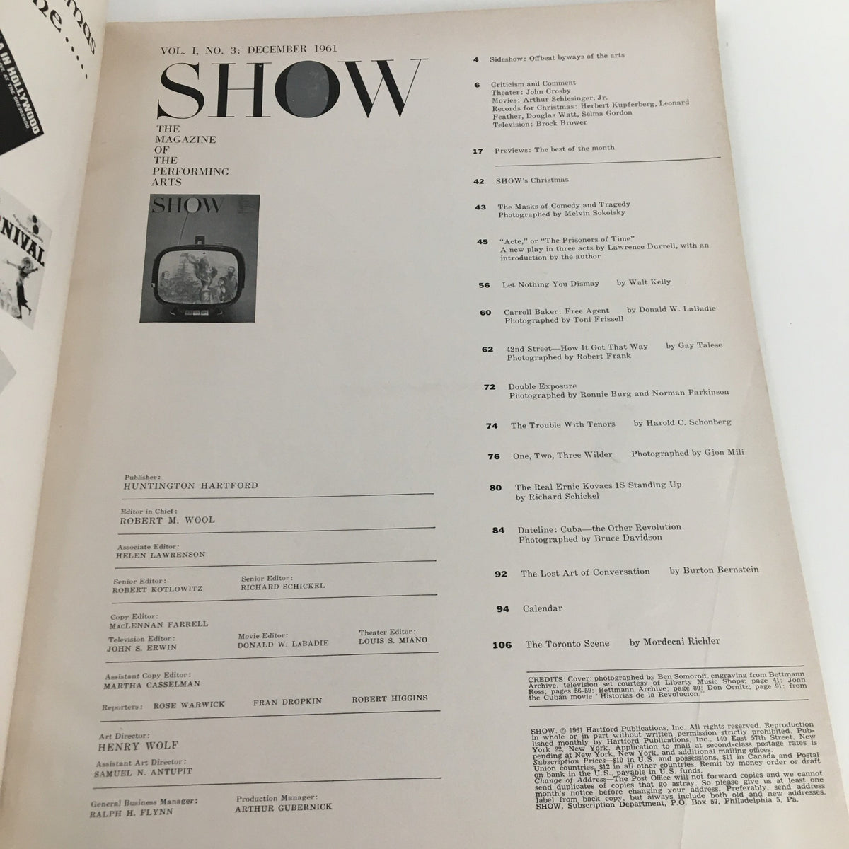 Show Magazine December 1961 Vol. 1 No. 3 table of contents featuring articles on the performing arts, photography, and critical reviews.