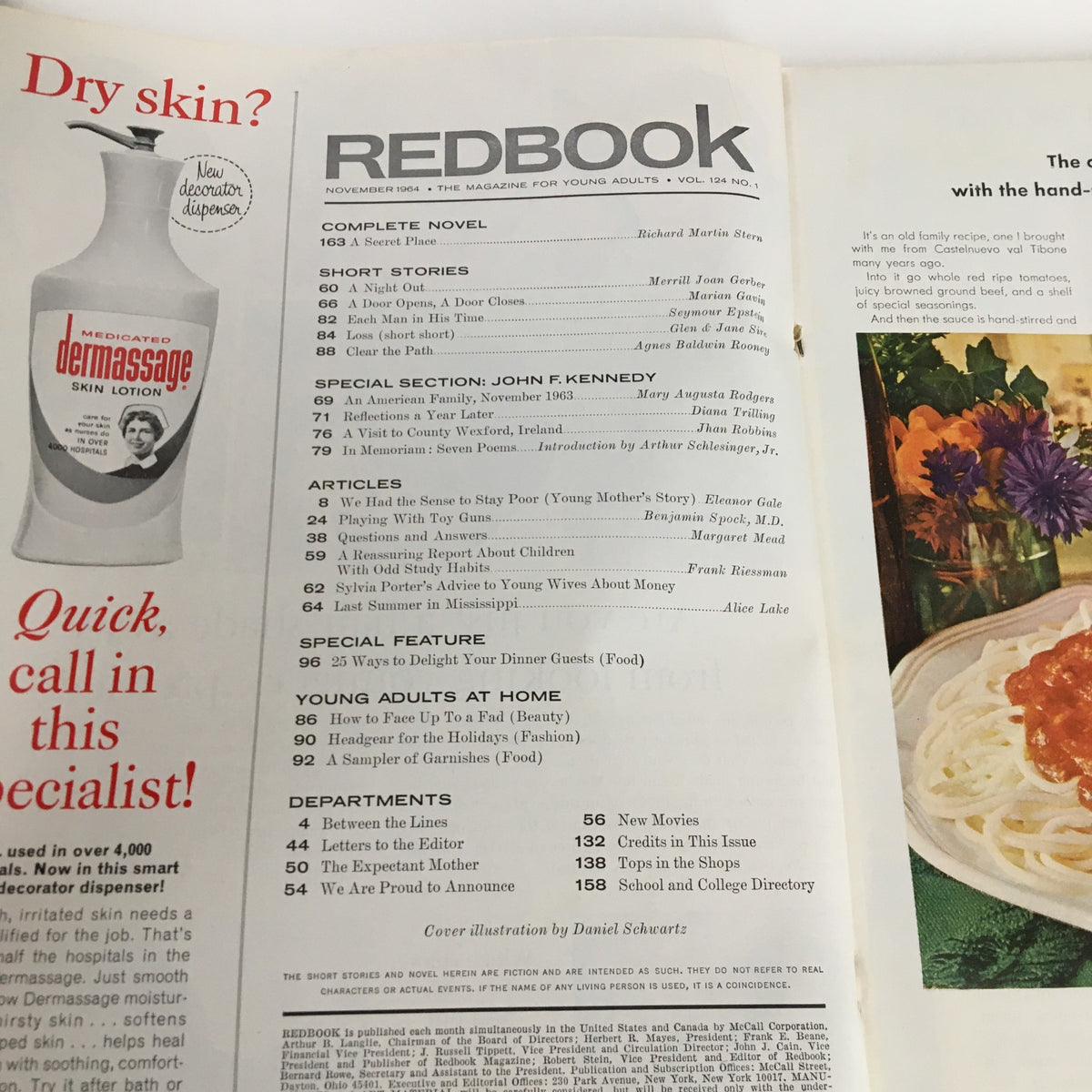 Interior pages of Redbook Magazine November 1964 featuring articles, a special section on John F. Kennedy, and advertisements, reflecting cultural elements of the 1960s.