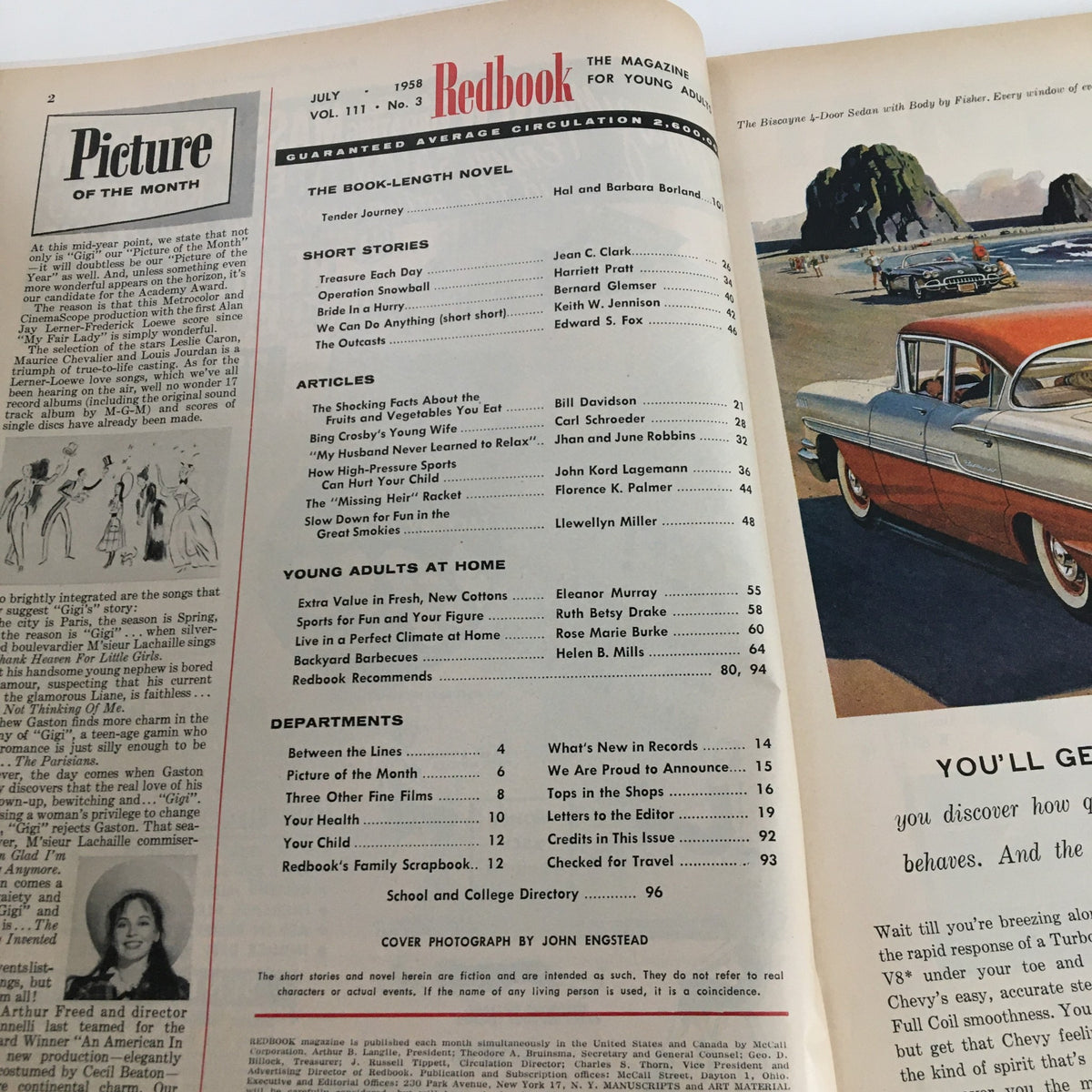 Inside page of the Redbook Magazine July 1958, showcasing the table of contents, featuring articles and short stories from the era, including contributions from various authors.