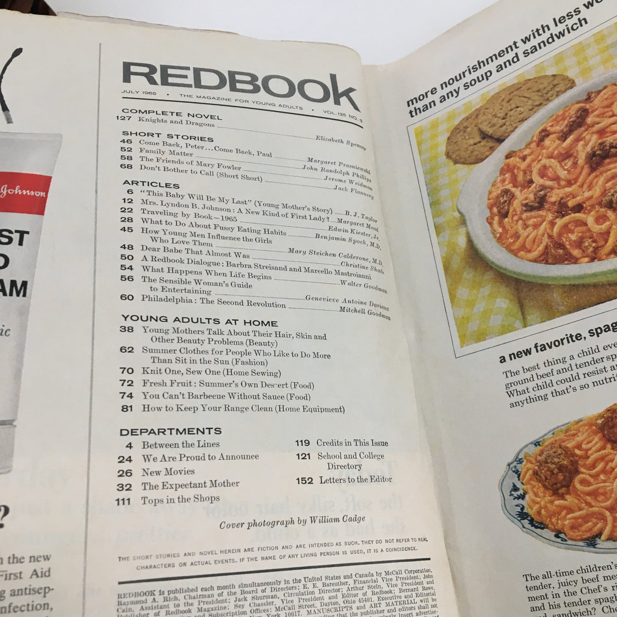 Inside page of Redbook Magazine, July 1965, detailing contents including a complete novel by Elizabeth Spencer and various articles on topics like young adults and food.