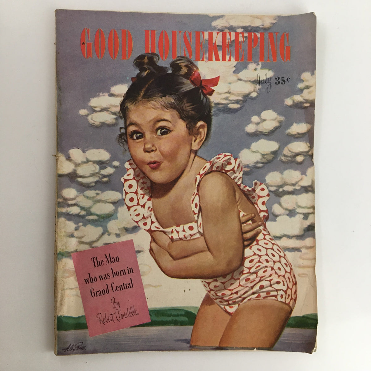 Cover of Good Housekeeping Magazine July 1945 featuring a girl in a playful pose against a backdrop of clouds and water, promoting an article titled 'The Man who was born in Grand Central'.