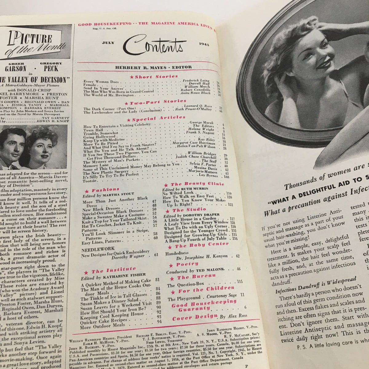 Interior page showing the table of contents from Good Housekeeping Magazine, July 1945, highlighting articles including 'The World of Mr. Hovington'.