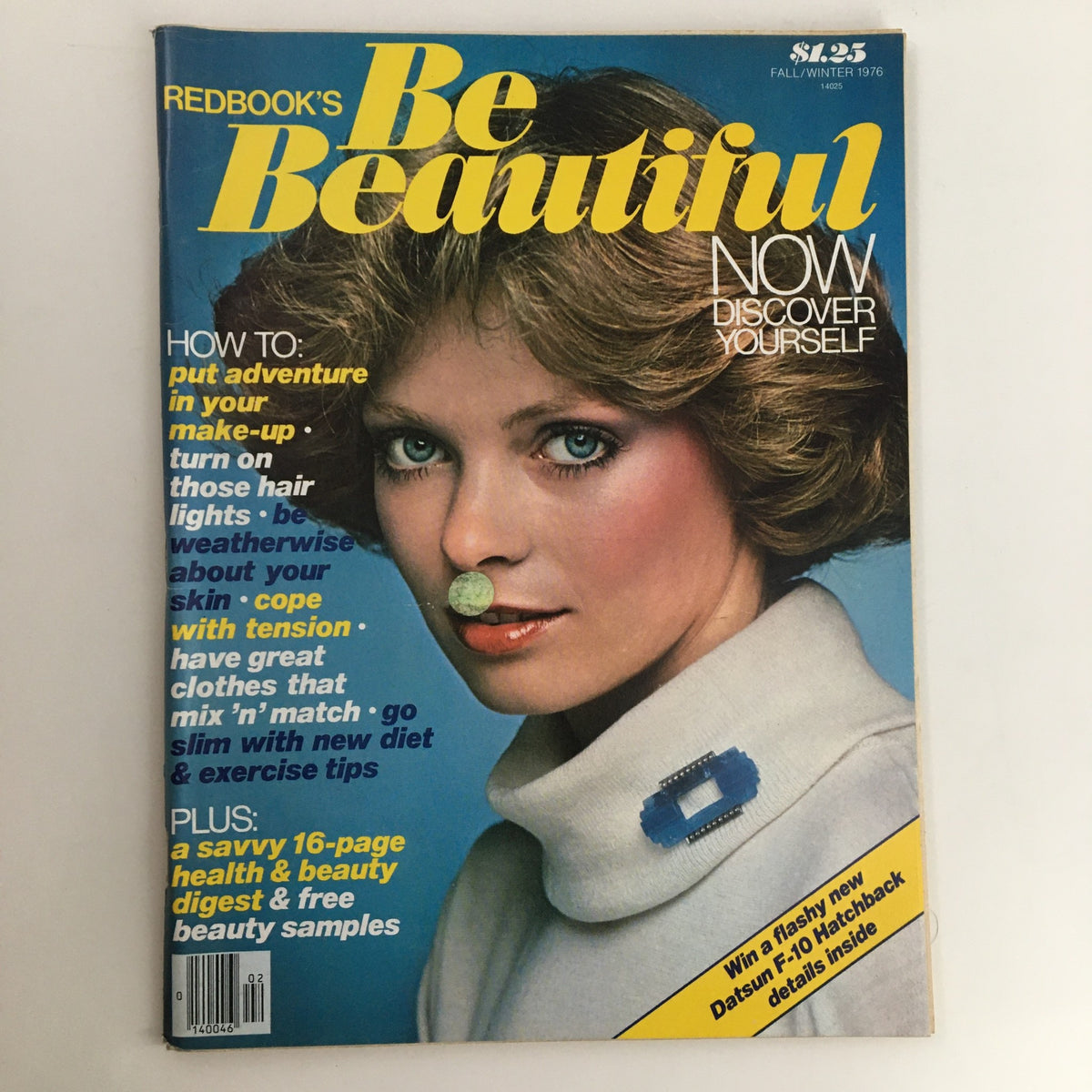 Cover of Redbook's Be Beautiful Magazine 1976 featuring a model with bold beauty advice, vibrant make-up tips, and a retro fashion style. The magazine promotes adventure in personal beauty with engaging articles and nostalgic visuals.
