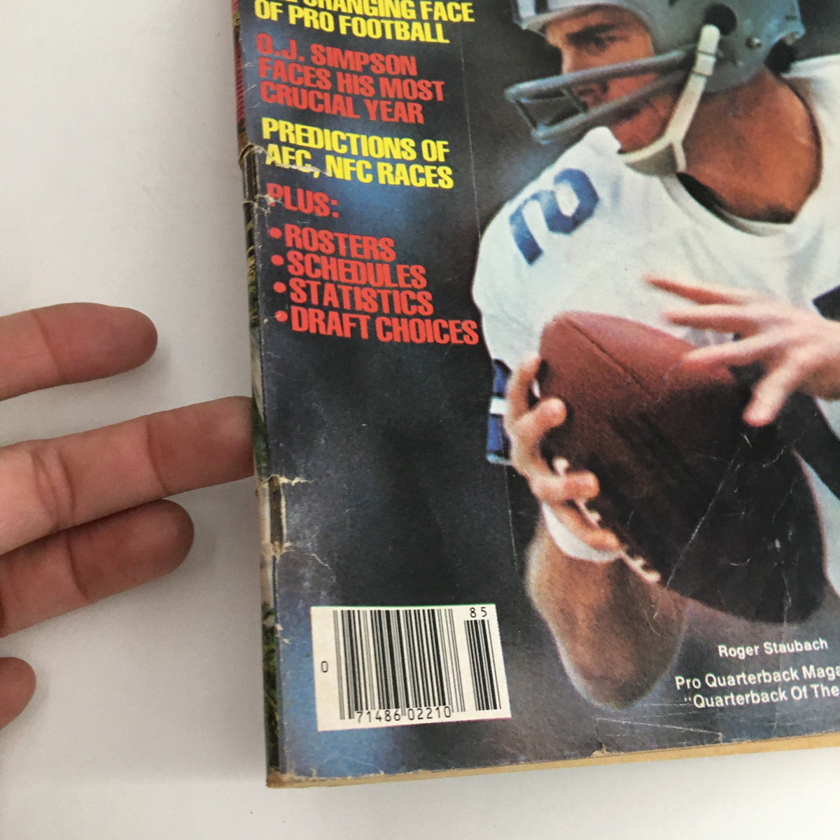 Side view of Pro Quarterback Magazine 1978 featuring Roger Staubach, detailing features like rosters and draft choices.