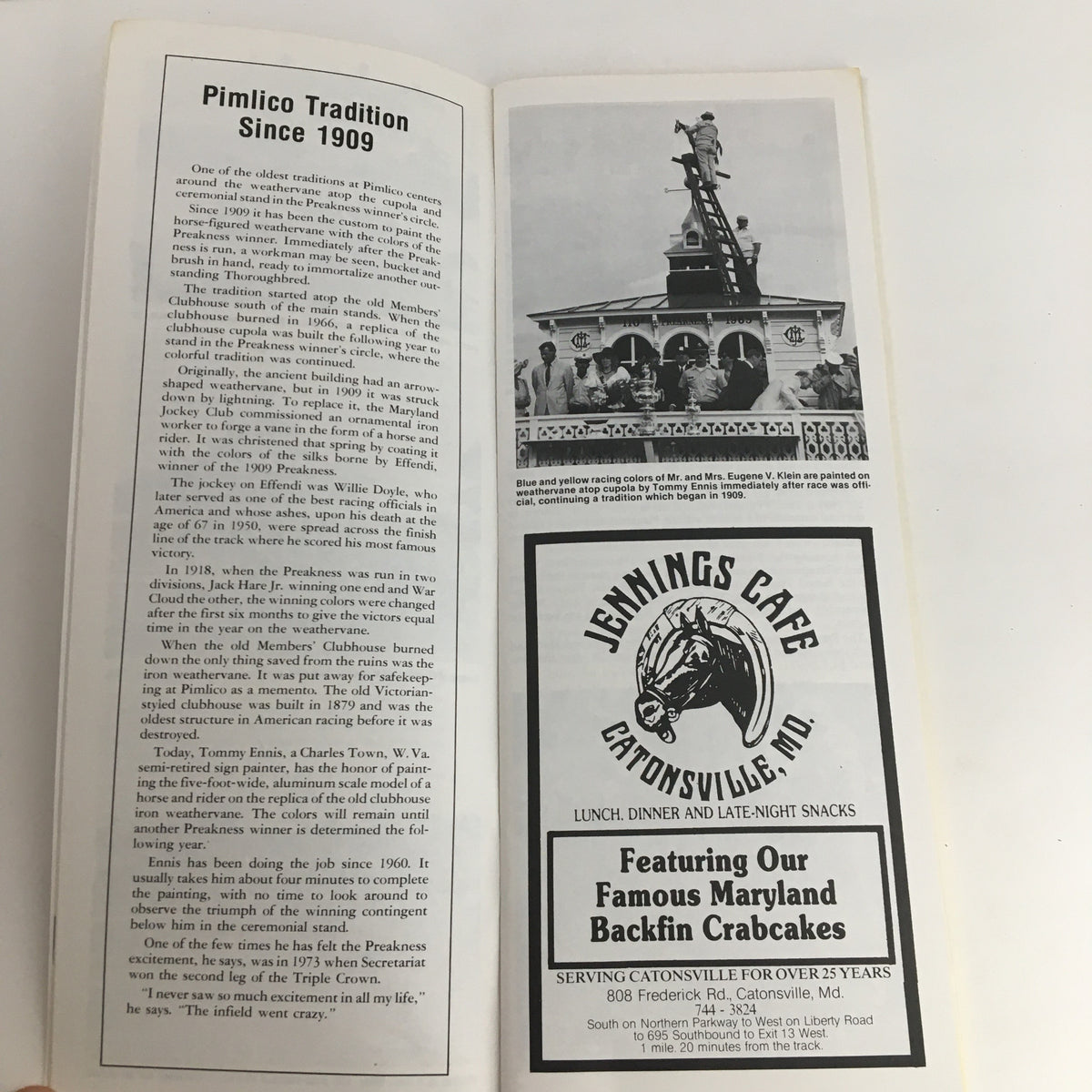 Page from the 1986 Pimlico Race Course The Preakness Official Souvenir Program detailing the tradition of the Pimlico clubhouse with photographs.