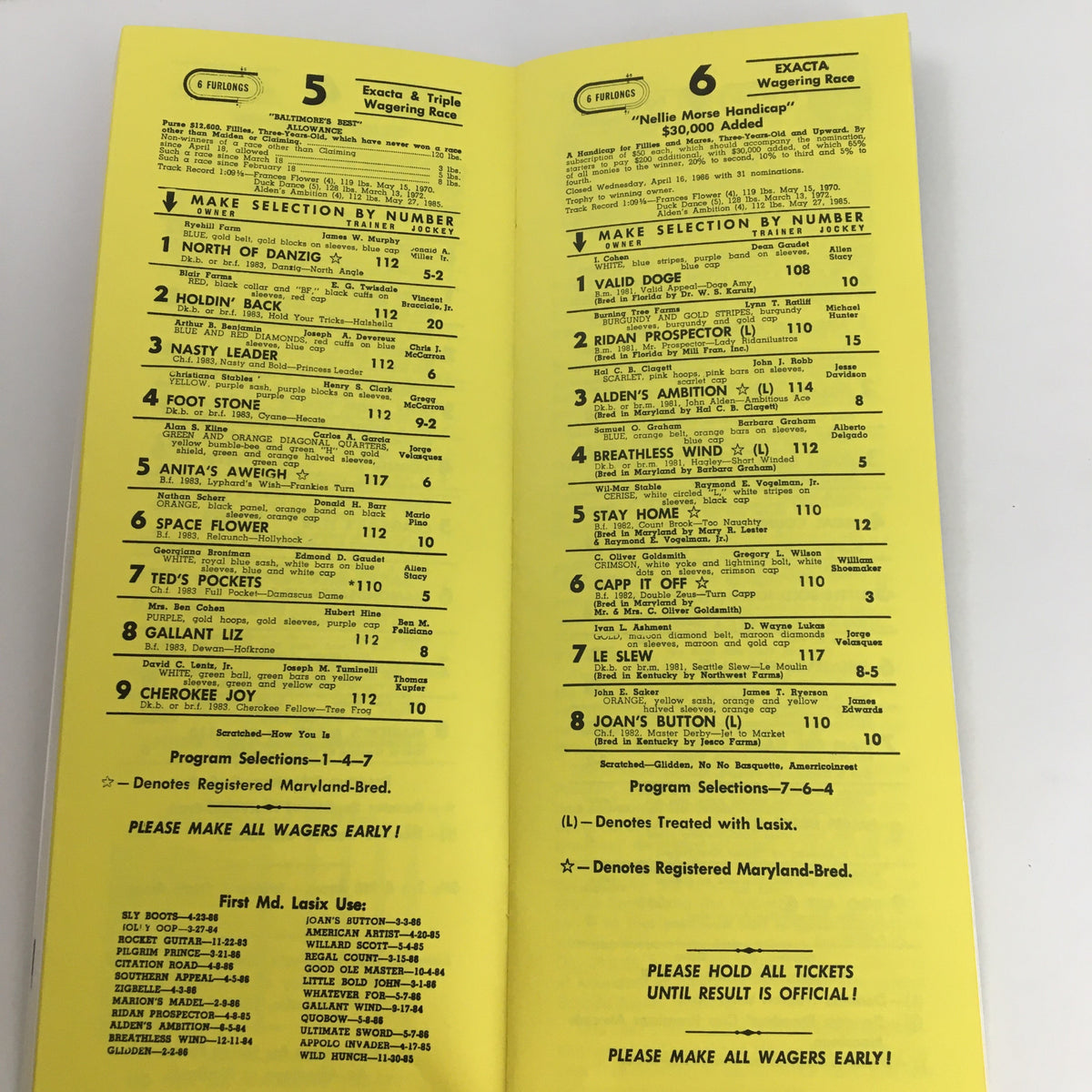 Wagering details and horse statistics from the 1986 Pimlico Race Course The Preakness Official Souvenir Program, showcasing race entries and odds.