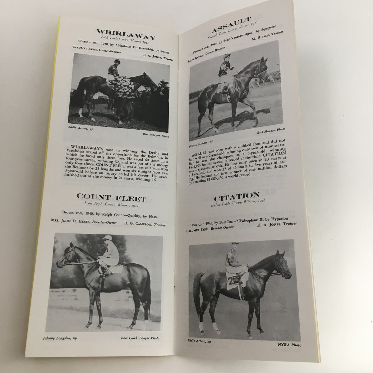 Historical horse profiles in the 1986 Pimlico Race Course The Preakness Official Souvenir Program, displaying famous Triple Crown horses and their achievements.