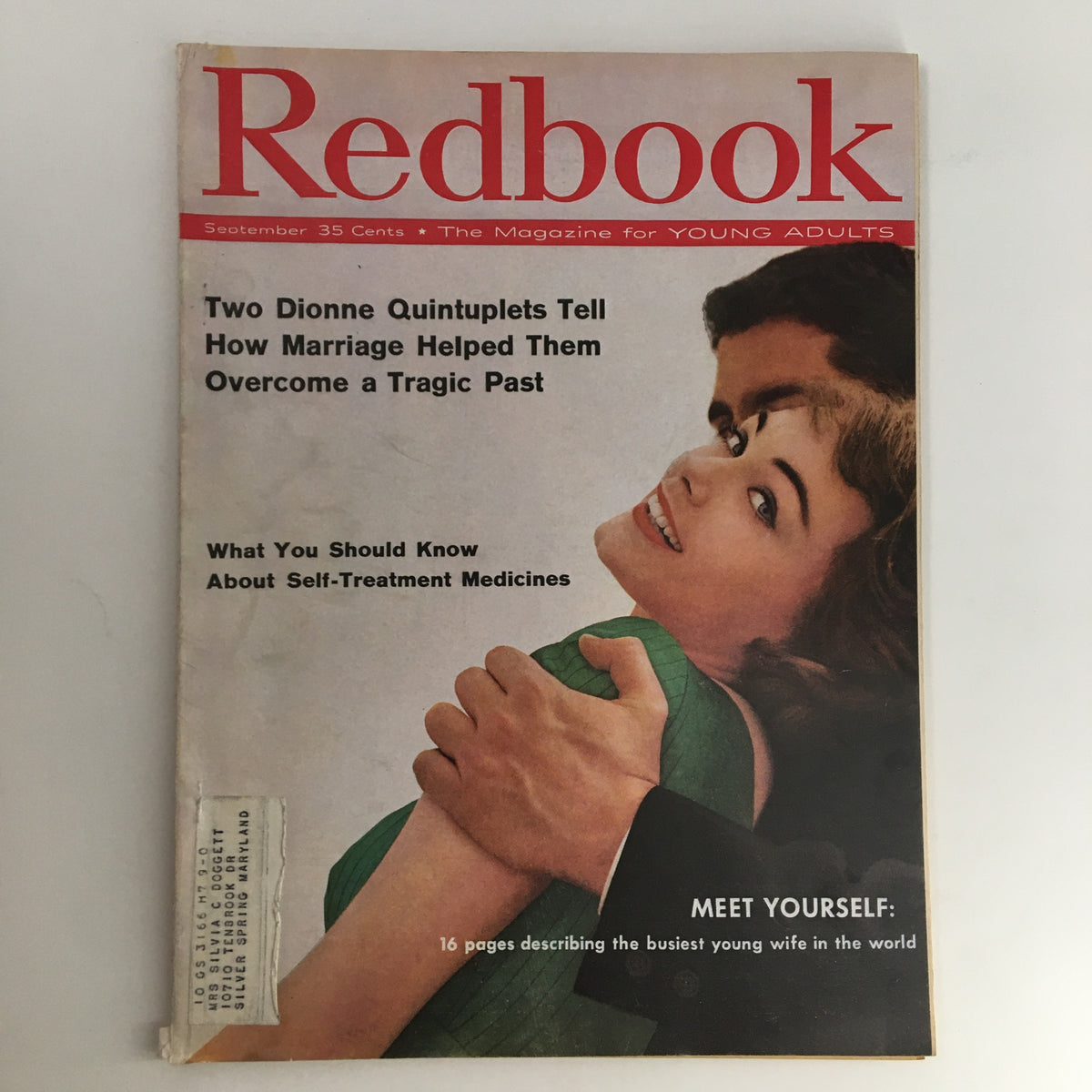 Redbook Magazine September 1958 cover featuring Two Dionne Quintuplets, detailing how marriage helped them overcome a tragic past, with additional content about self-treatment medicines.