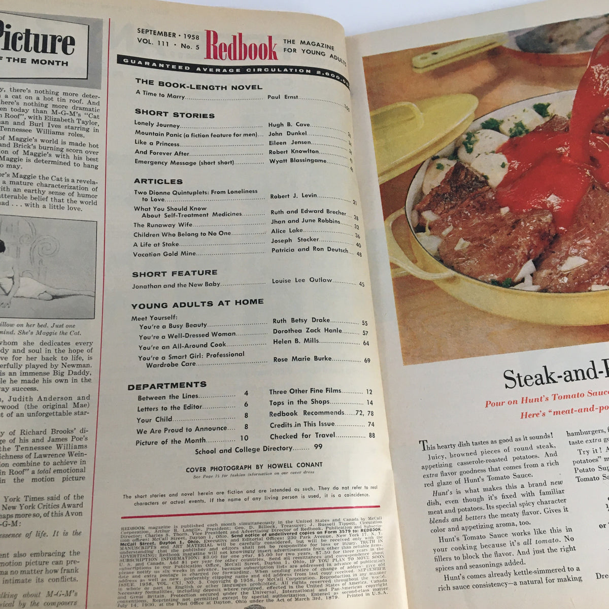 Redbook Magazine September 1958 interior page highlighting the table of contents, including articles about the Dionne Quintuplets and topics related to young adults.