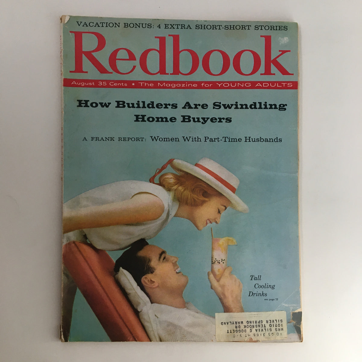 Cover of Redbook Magazine, August 1958, featuring a frank report on 'Women With Part-Time Husbands'. The attractive vintage design includes a woman in a sun hat, highlighting the theme of leisure and societal discussions of the 1950s.