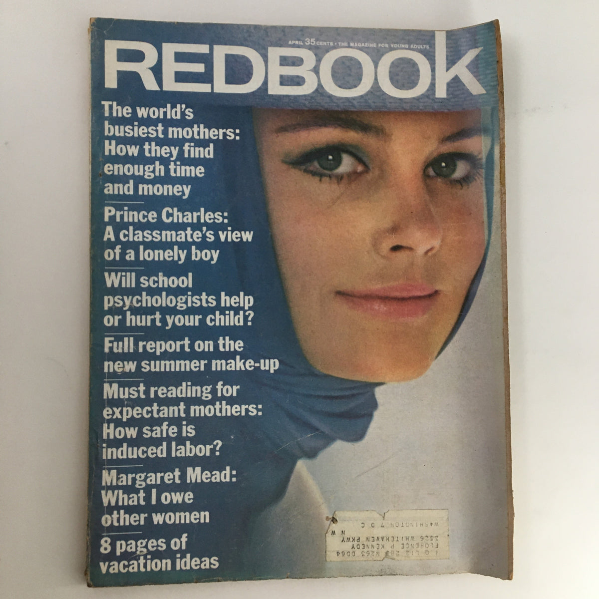 Redbook Magazine April 1964 cover featuring a model with prominent headlines including 'Prince Charles: A classmate's view of a lonely boy' and topics on motherhood and summer make-up.