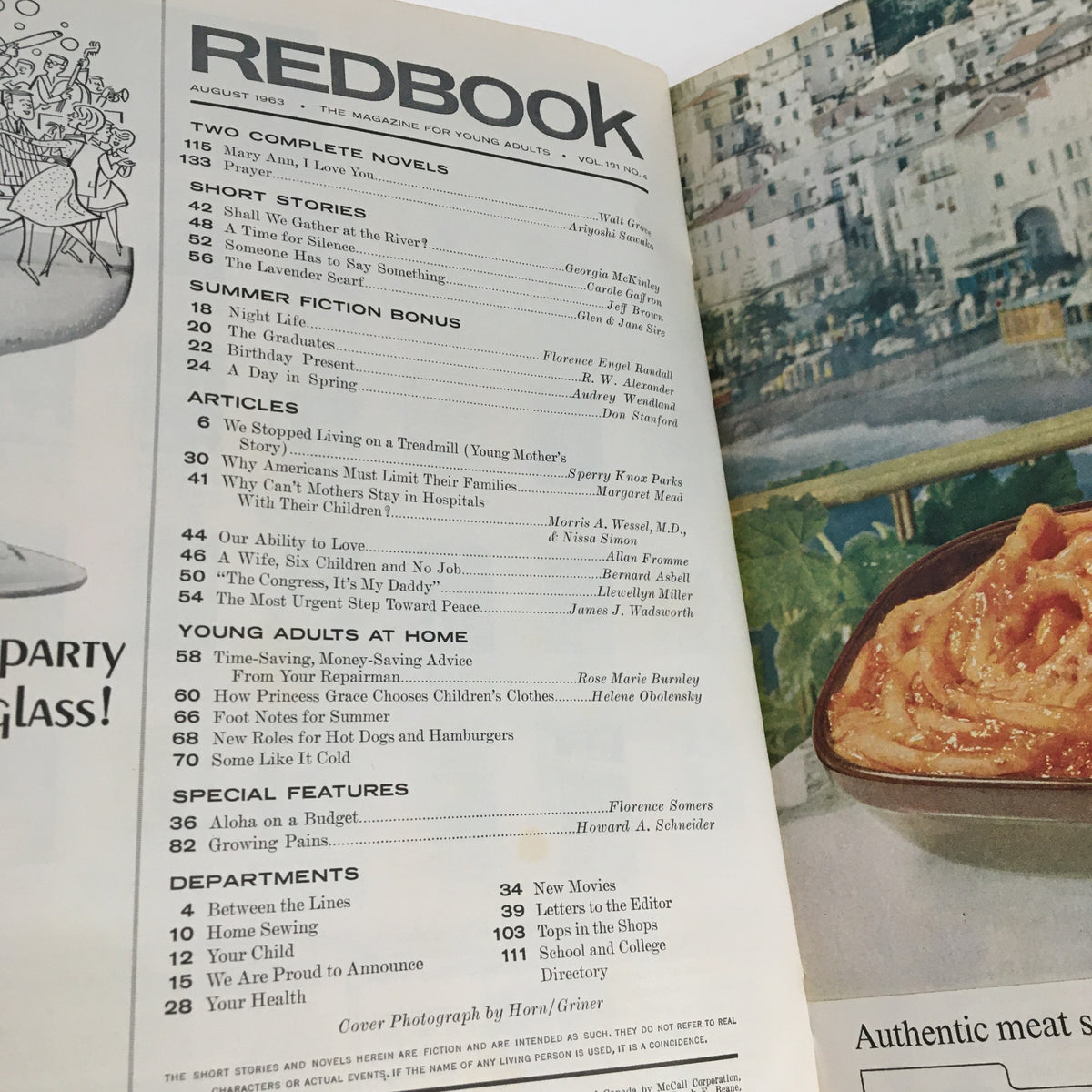 Interior page of Redbook Magazine August 1963 displaying the table of contents, featuring articles, short stories, and insights, including Margaret Mead's piece on family size and morality.