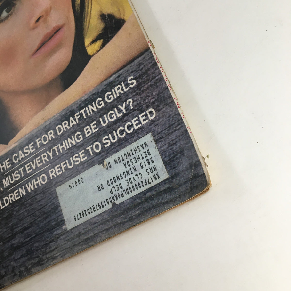 Cover section of Redbook Magazine September 1966 featuring the article by Margaret Mead titled 'The Case for Drafting Girls.' Includes address label and minor wear showing vintage characteristics.