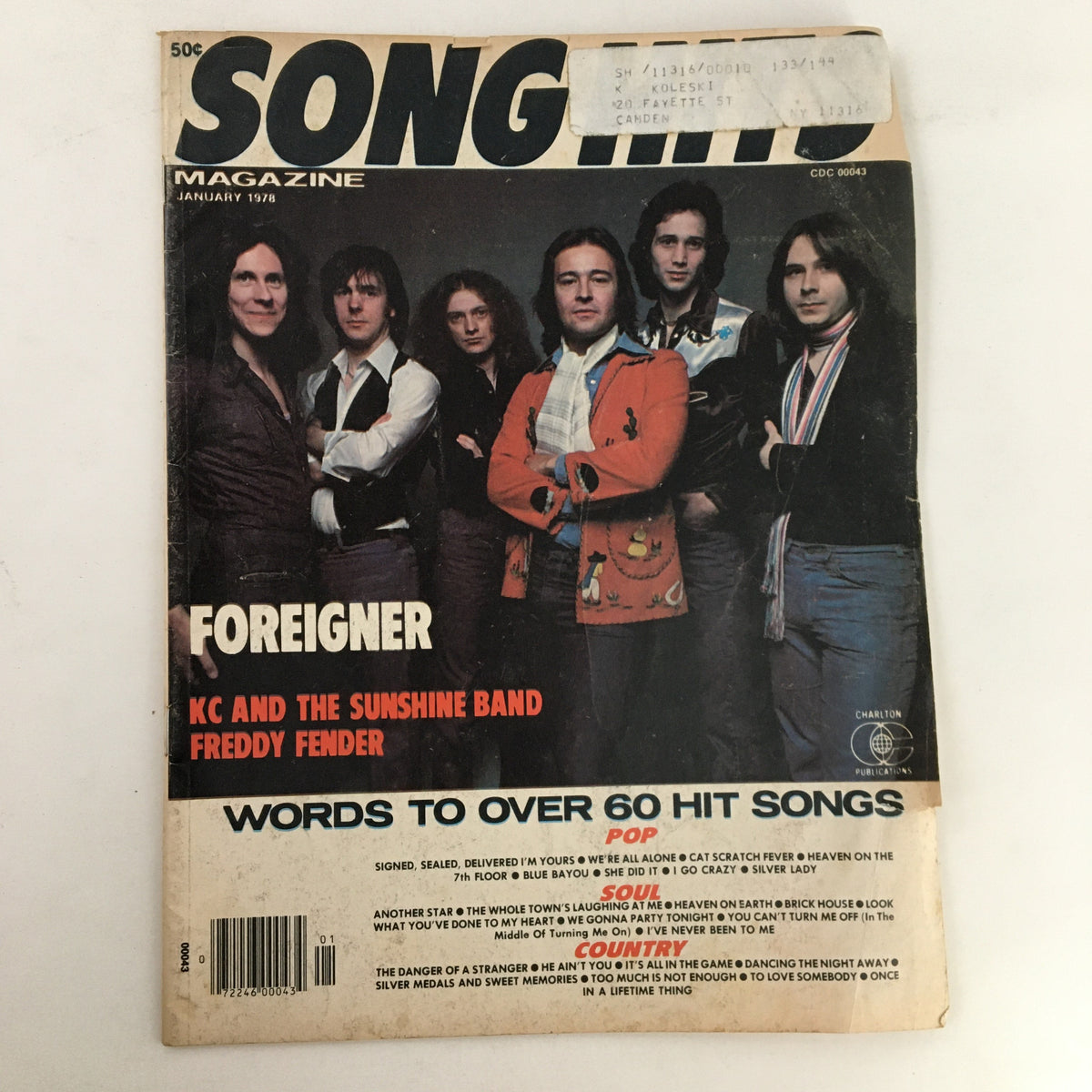 Cover of Song Hits Magazine January 1978 featuring Foreigner, KC and The Sunshine Band, and Freddy Fender; showcases vintage musical culture.
