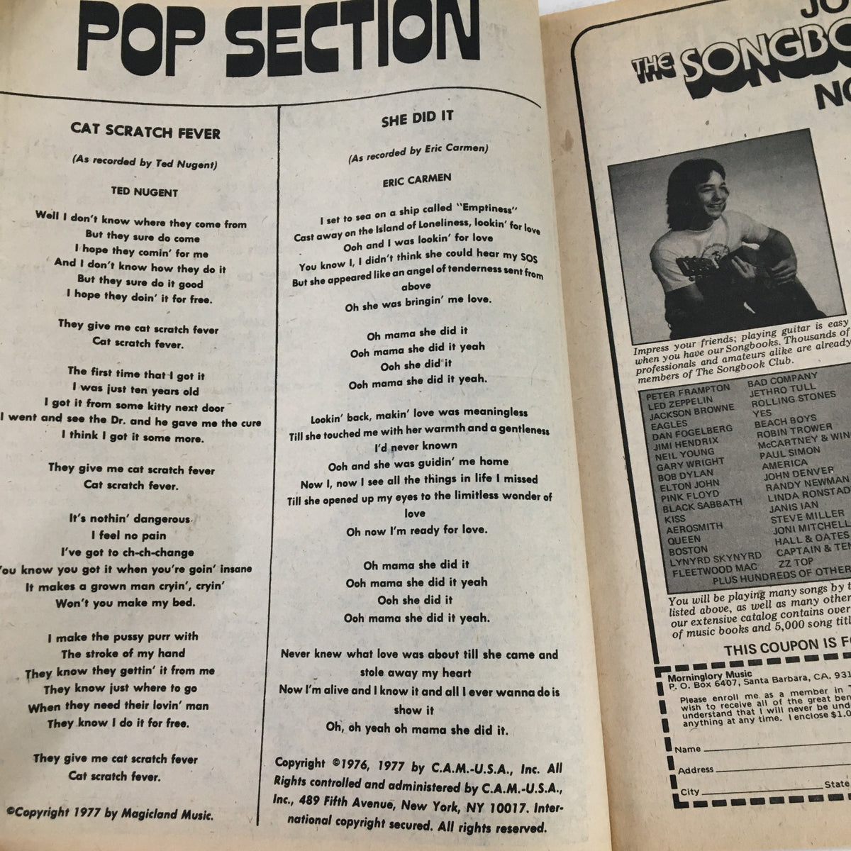 Inside page of Song Hits Magazine January 1978 displaying song lyrics for 'Cat Scratch Fever' by Ted Nugent and 'She Did It' by Eric Carmen.
