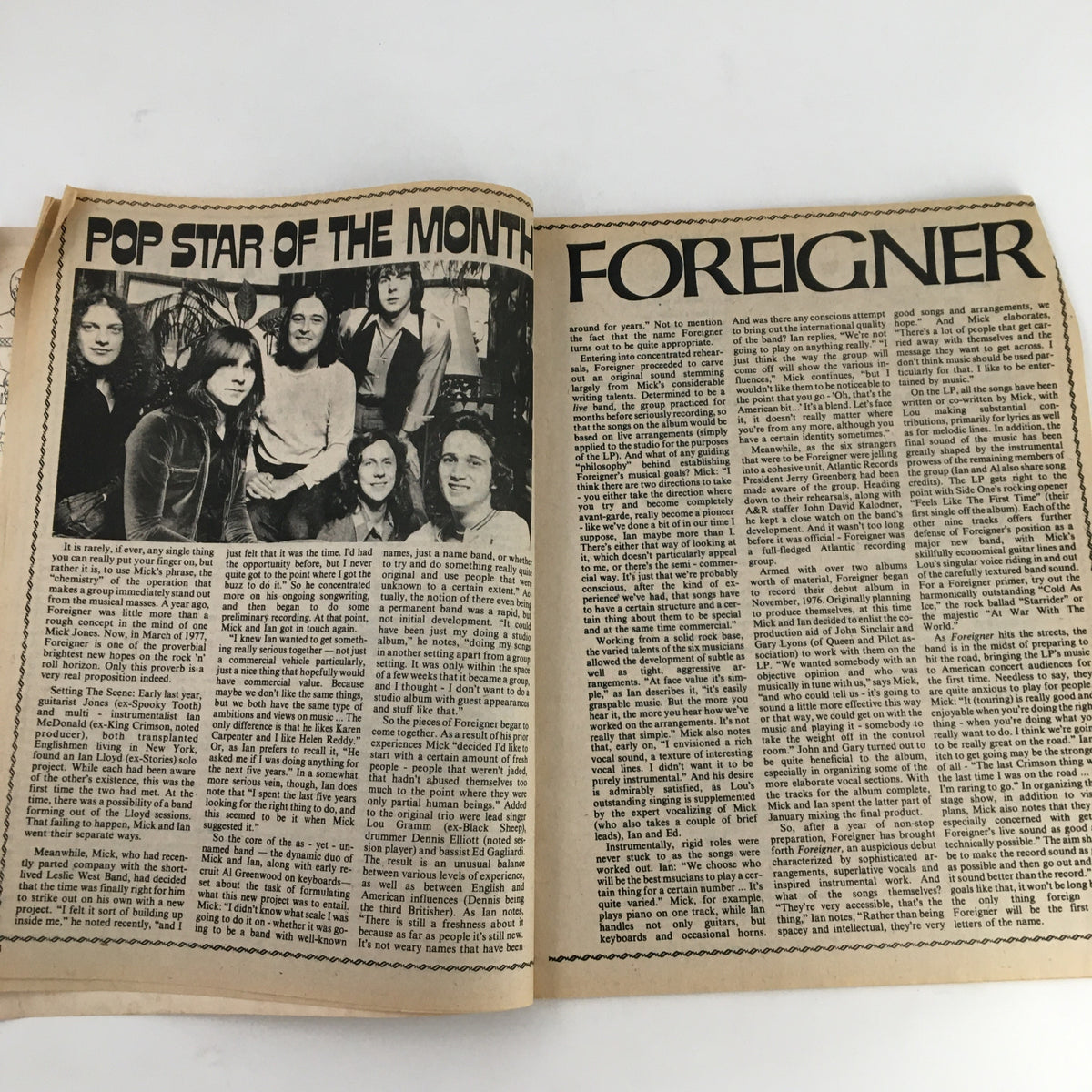 Feature article in Song Hits Magazine January 1978 titled 'Pop Star of the Month' focusing on the band Foreigner, capturing the essence of 1970s music.