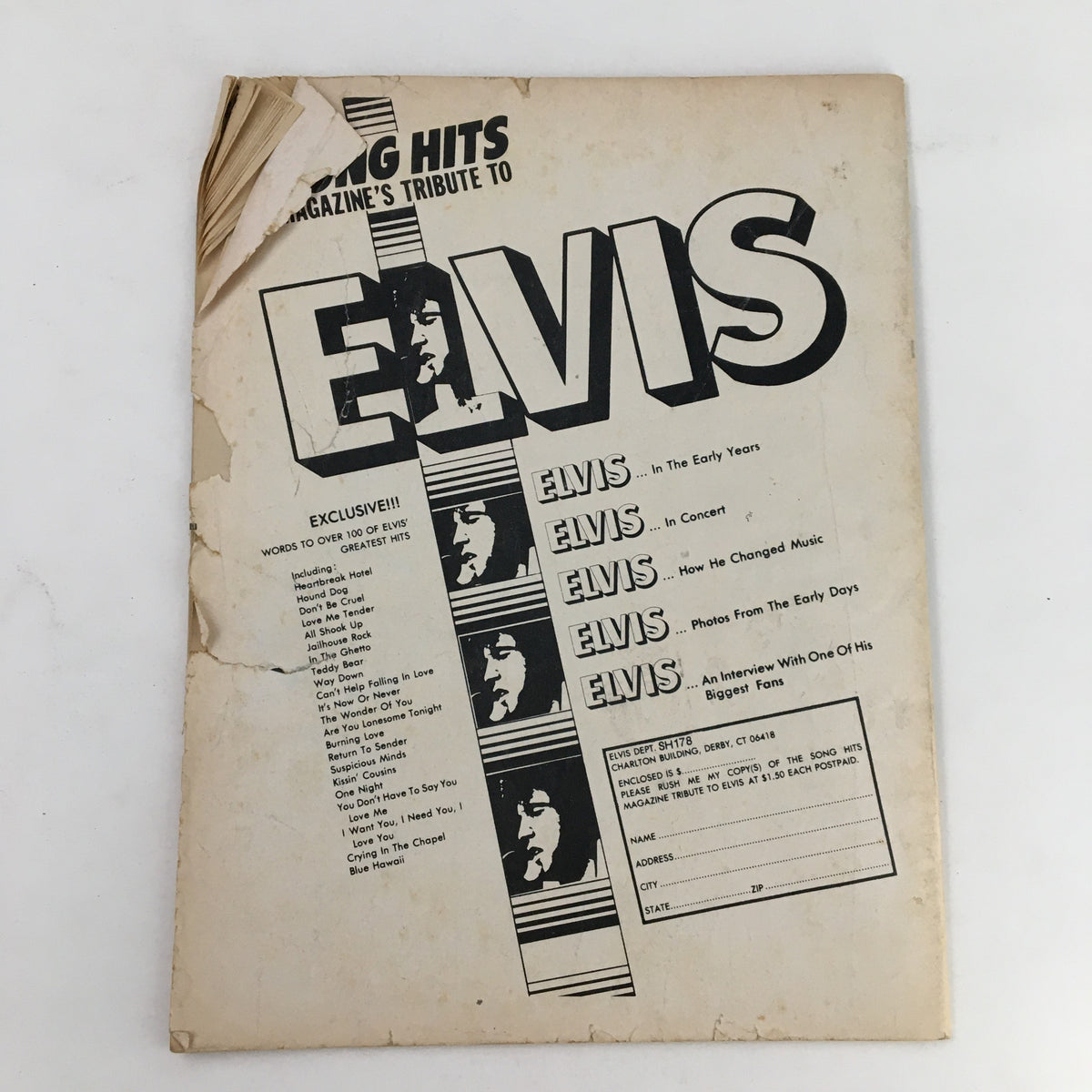 Back cover of Song Hits Magazine January 1978 dedicated to Elvis, with a prominent title 'Song Hits Magazine's Tribute to Elvis.' The cover displays various Elvis albums and song titles, illustrating the impact of Elvis on music history.
