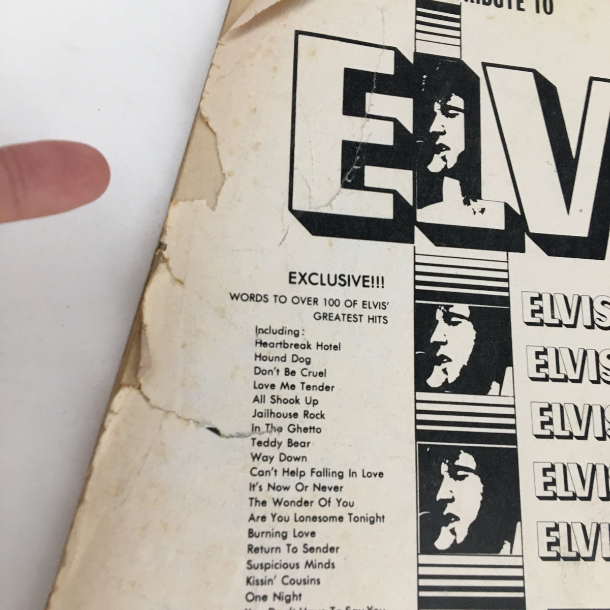 Close-up of the back cover of Song Hits Magazine January 1978, featuring the title 'ELVIS' prominently displayed. The page lists various Elvis songs and emphasizes the magazine's exclusive content celebrating Elvis's contributions to music.