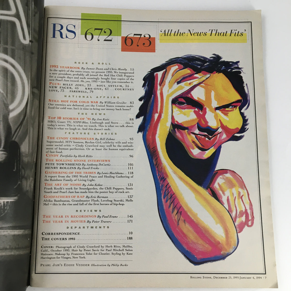 Inside page of Rolling Stone Magazine December 23 1993 listing articles and highlights including Billy Joel.
