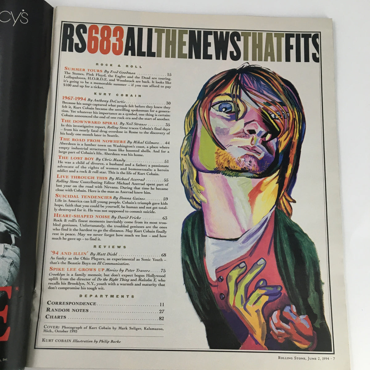 Interior page of Rolling Stone Magazine June 2, 1994, showcasing content listings including an article about Kurt Cobain, along with colorful illustrations.