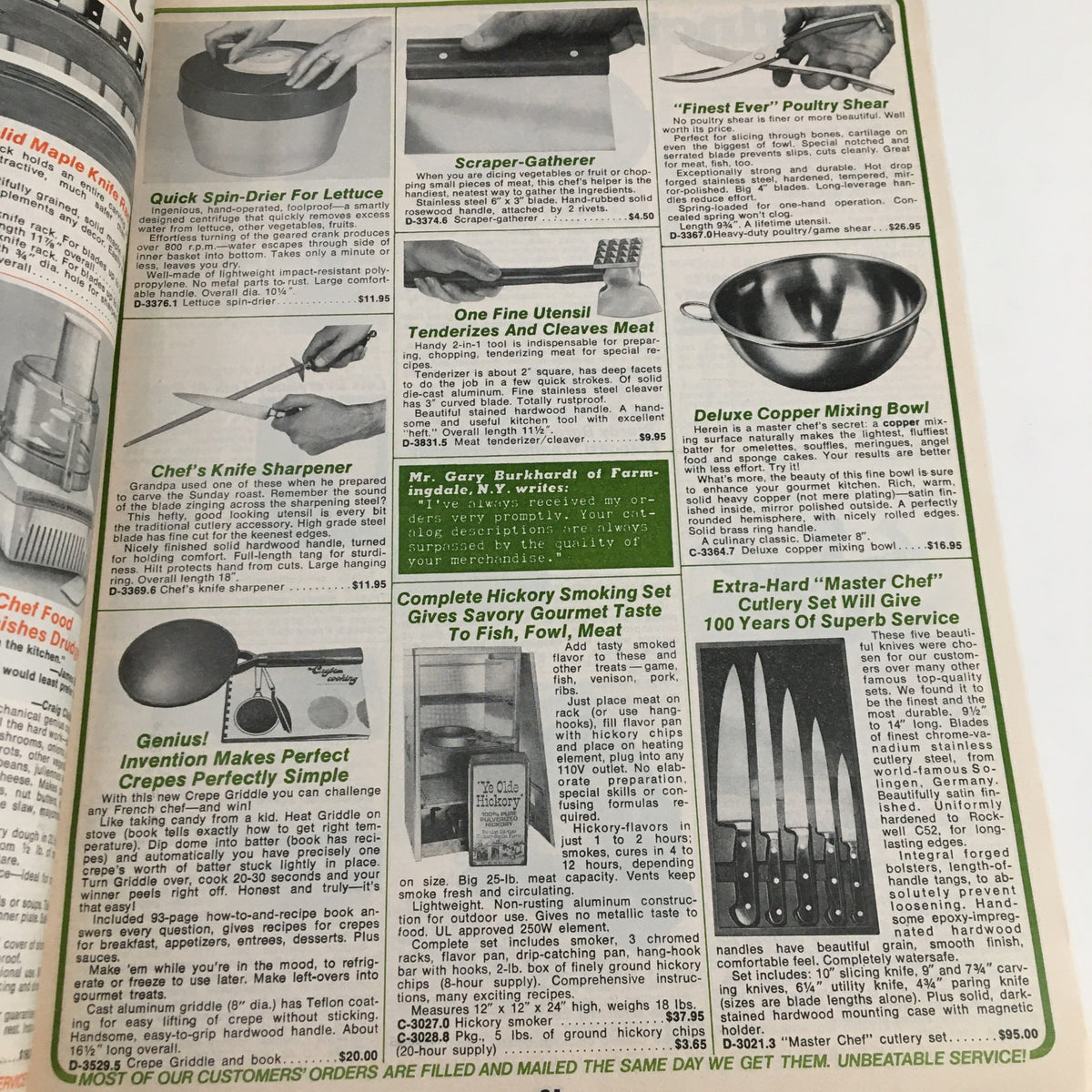 1975 Brookstone Company Hard-To-Find Tools Fall Catalog page featuring kitchen gadgets such as a quick-slicer for lettuce and a Chef's knife sharpener.