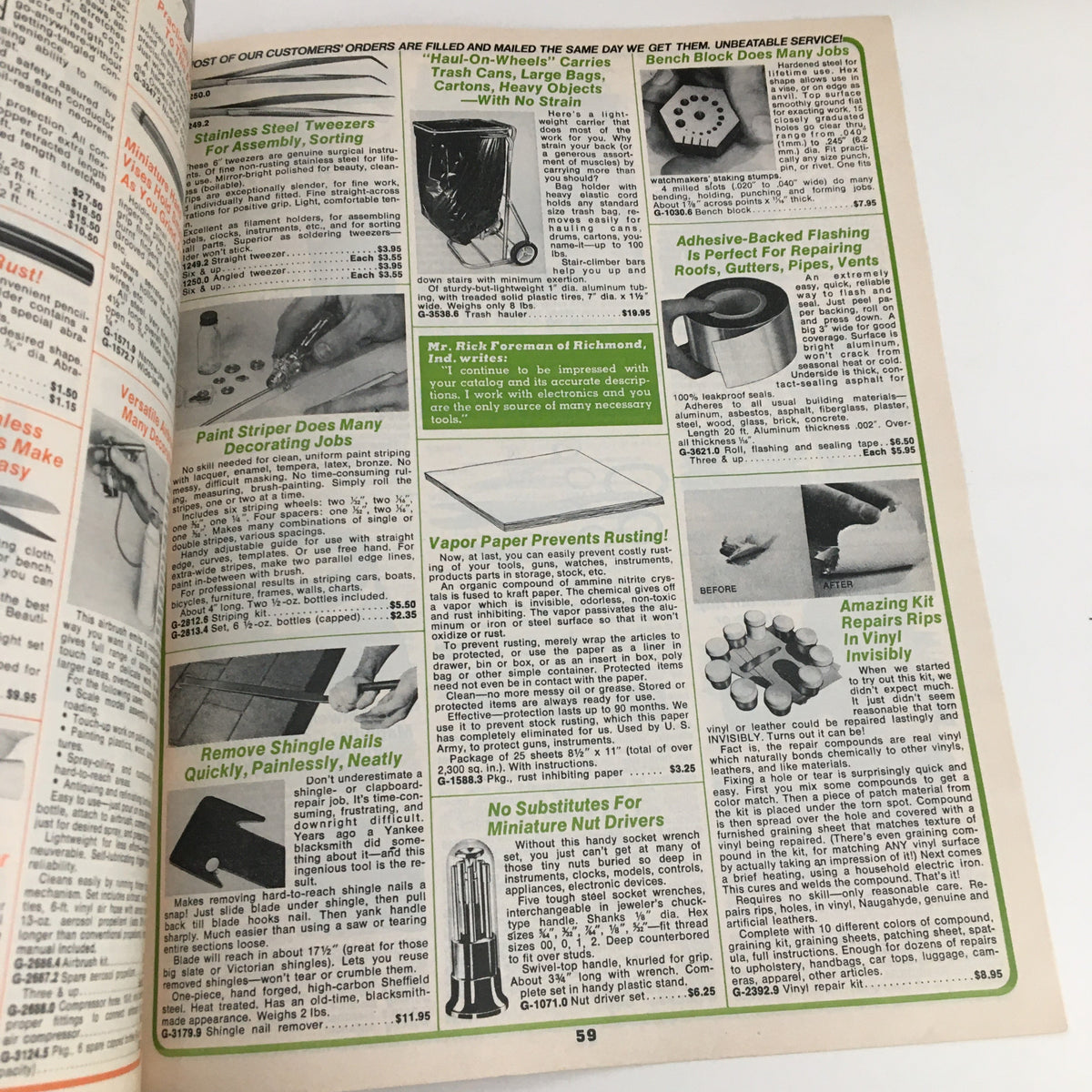 Page 59 of the 1976 Brookstone Company Hard-To-Find Tools Spring Catalog highlighting innovative solutions like adhesive-backed flashing, vapor paper, and miniaturized repair kits, essential for practical tool enthusiasts.