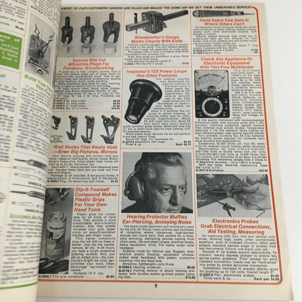 Interior page 7 of the 1976 Brookstone Company Hard-To-Find Tools Automotive Accessories Spring Catalog displaying various woodworking tools and accessories, including a Woodworker's six-in-one tool.
